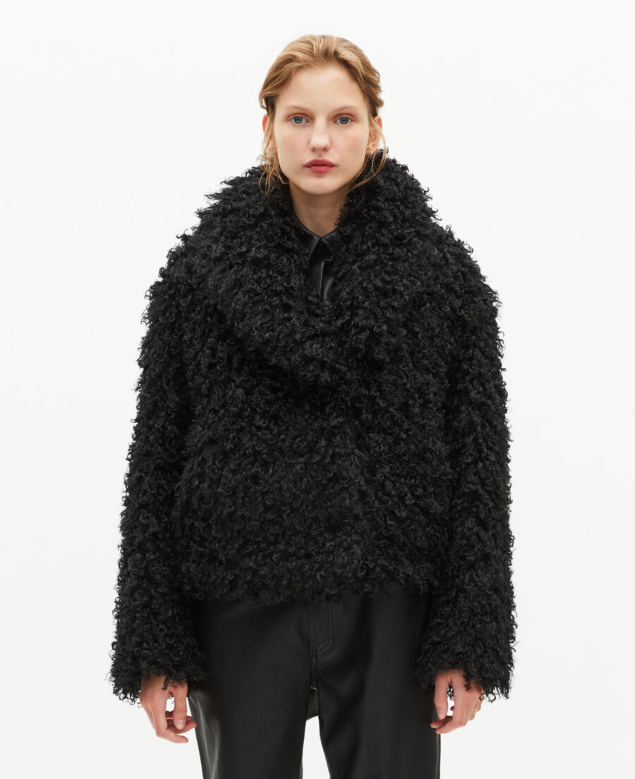 The Kooples DAMEN BLACK kurzer schwarzer mantel mit pelzeffekt