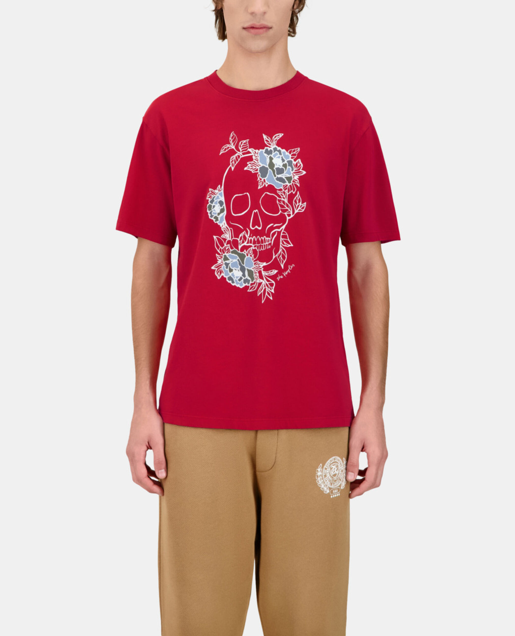 Men's red t-shirt with Flower skull serigraphy, CHERRY, hi-res image number null