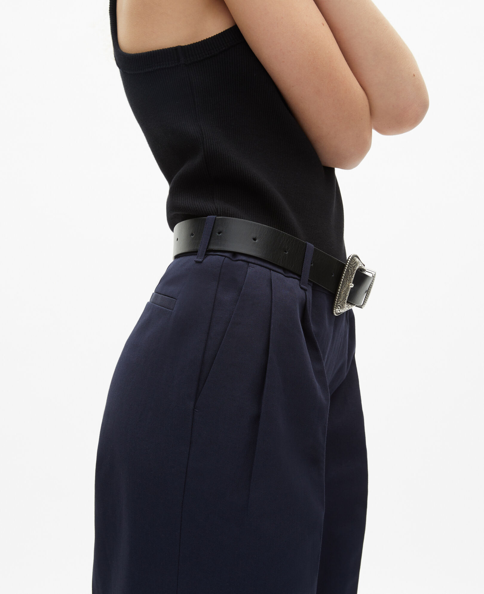 The Kooples WOMEN NAVY straight-cut navy blue cotton and linen flared pants