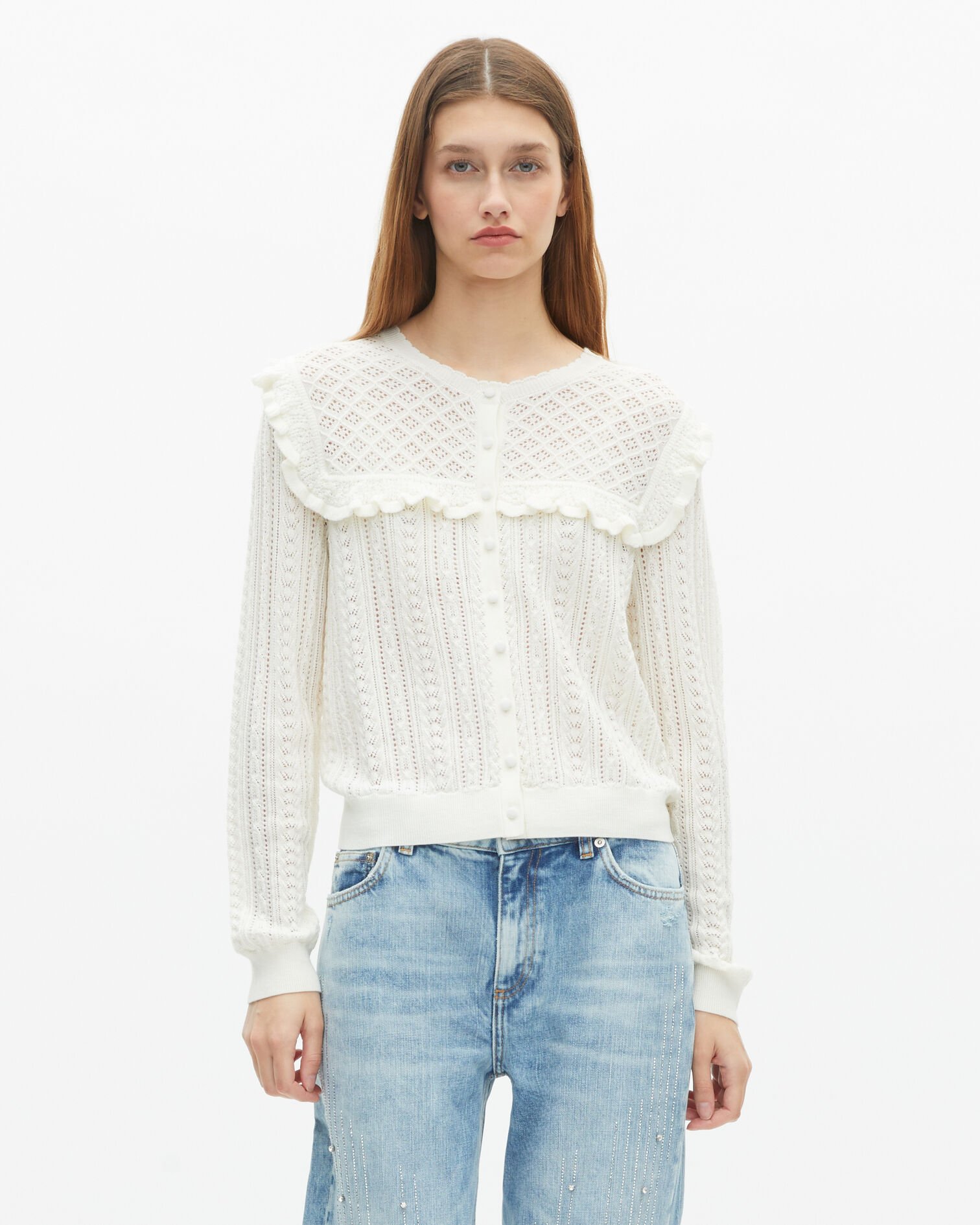 Cardigan with ruffles in ecru merino wool, ECRU, hi-res image number null