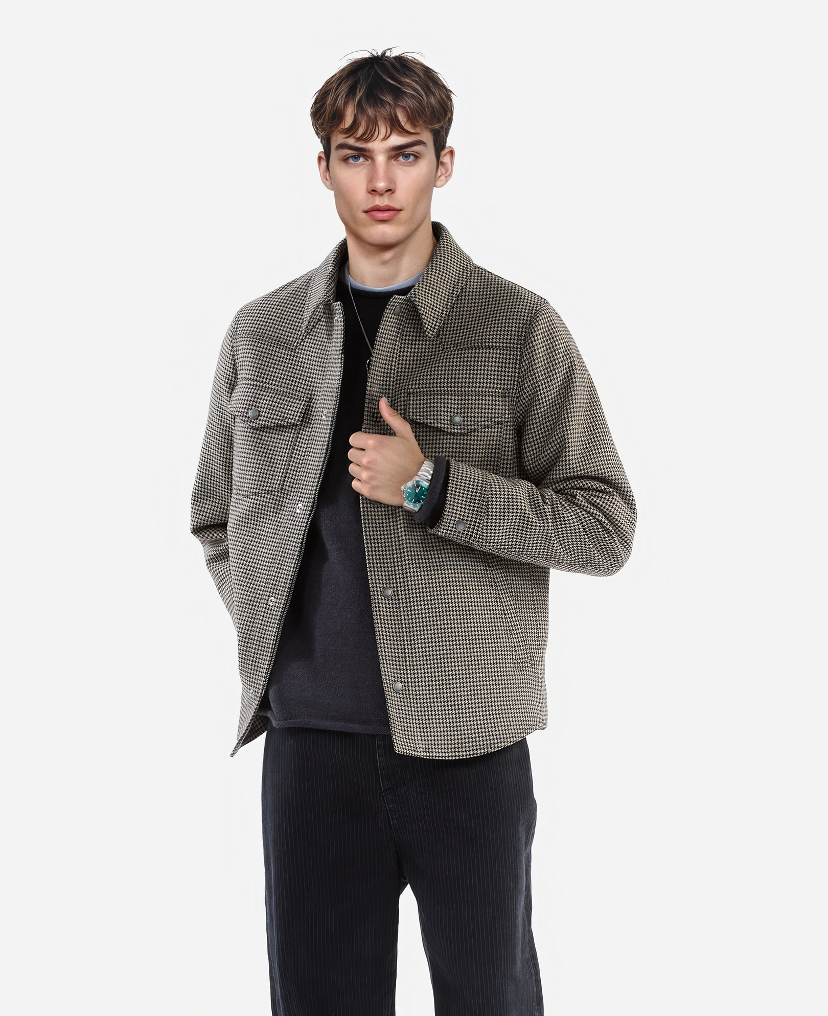 The Kooples HOMME BROWN blouson style surchemise pied de poule marron et écru
