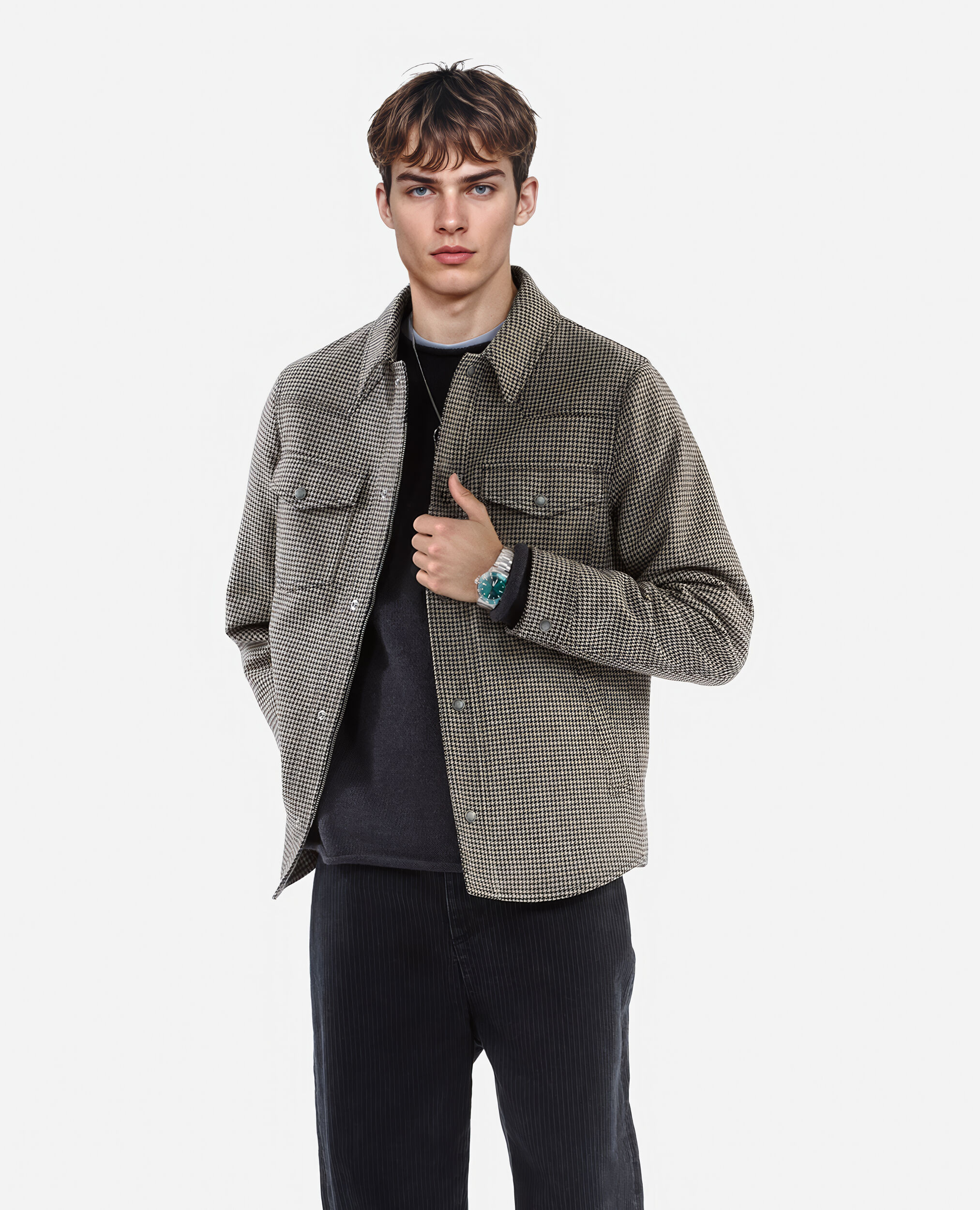 Blouson style surchemise pied de poule marron et écru, BROWN, hi-res image number null