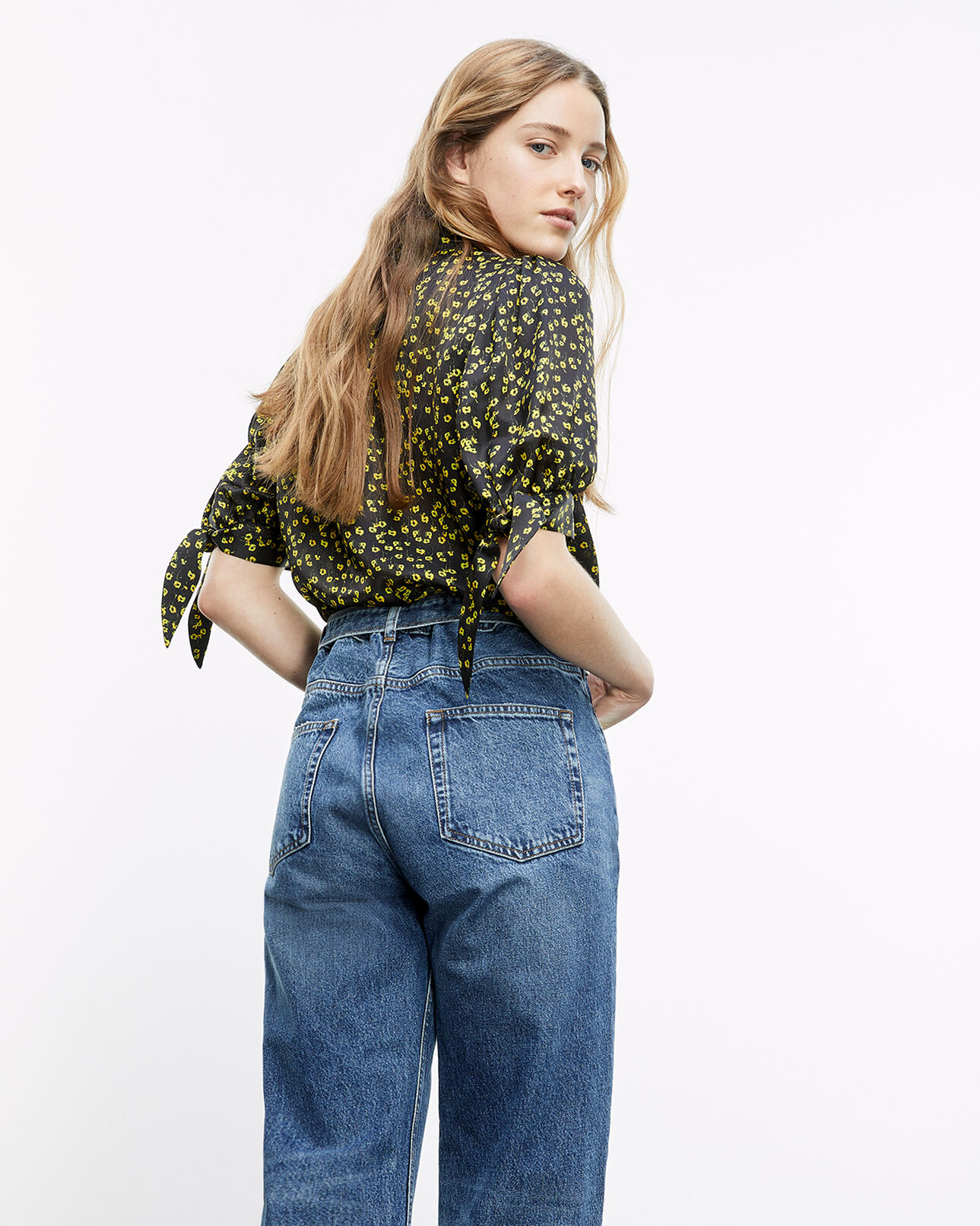 The Kooples WOMEN BLACK / YELLOW / WHITE short-sleeved black shirt with pattern