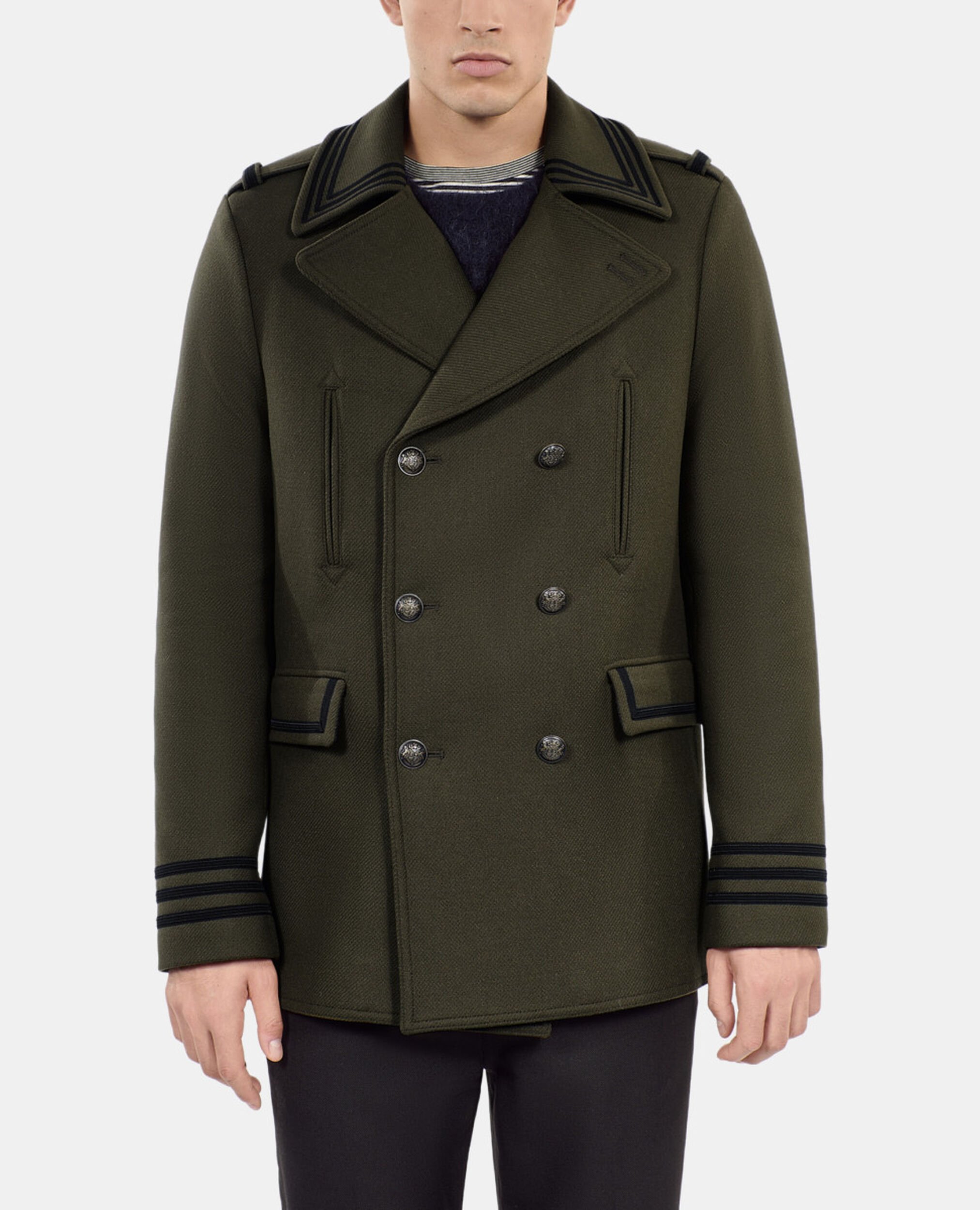 Khaki officer-style pea coat, KAKI, hi-res image number null