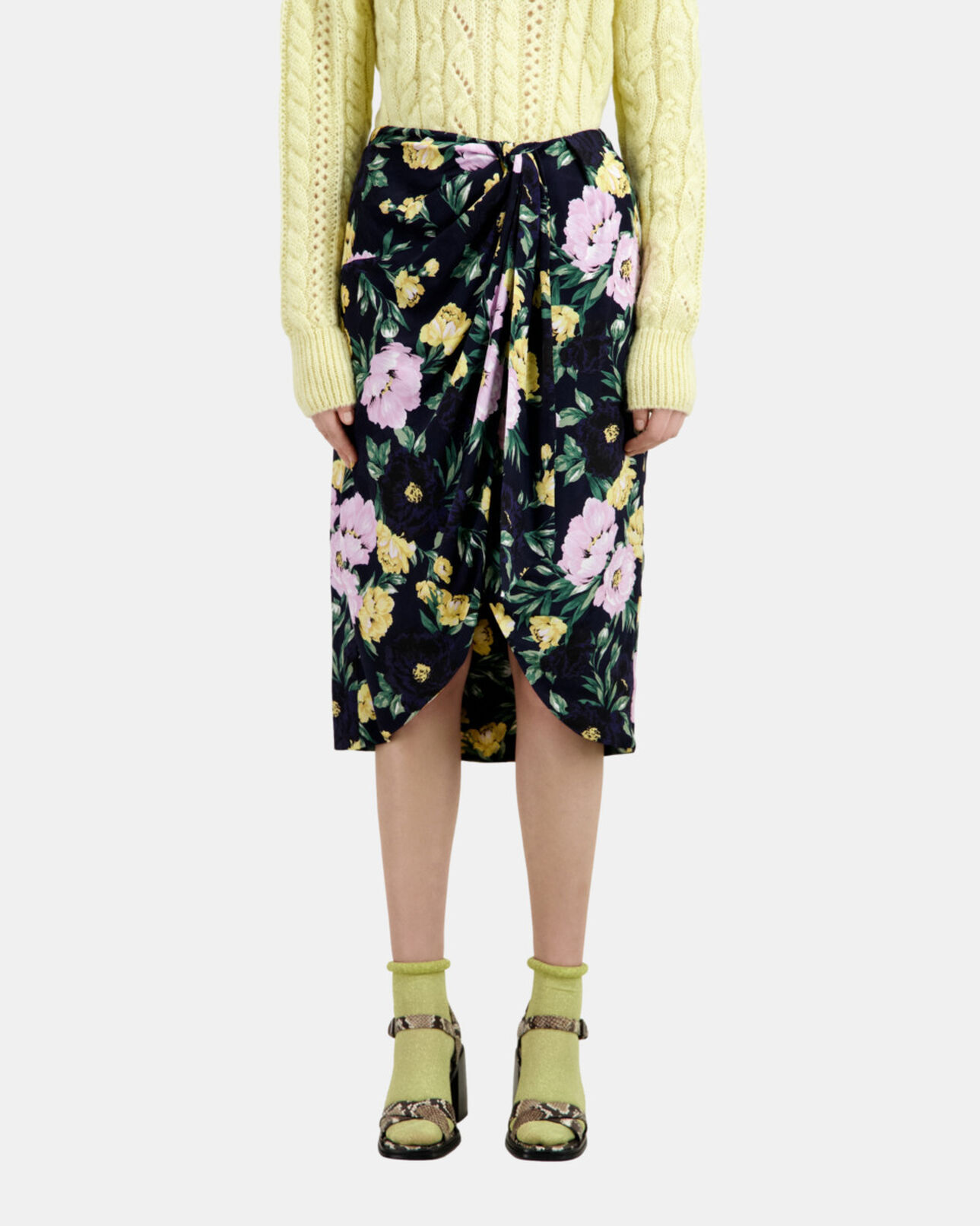 The Kooples FEMME LIGHT PINK / DARK NAVY jupe midi fleurie