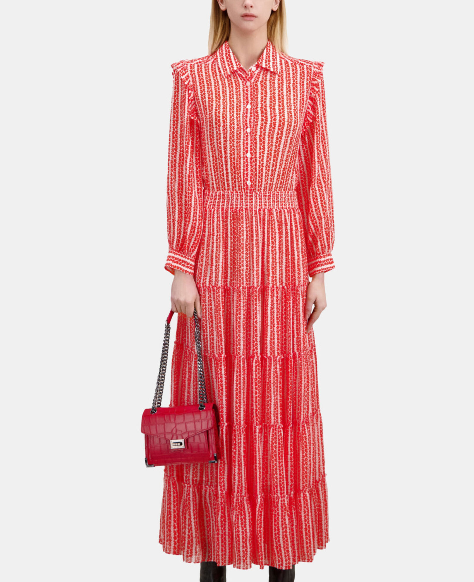 The Kooples MUJER RED WHITE vestido largo estampado volantes
