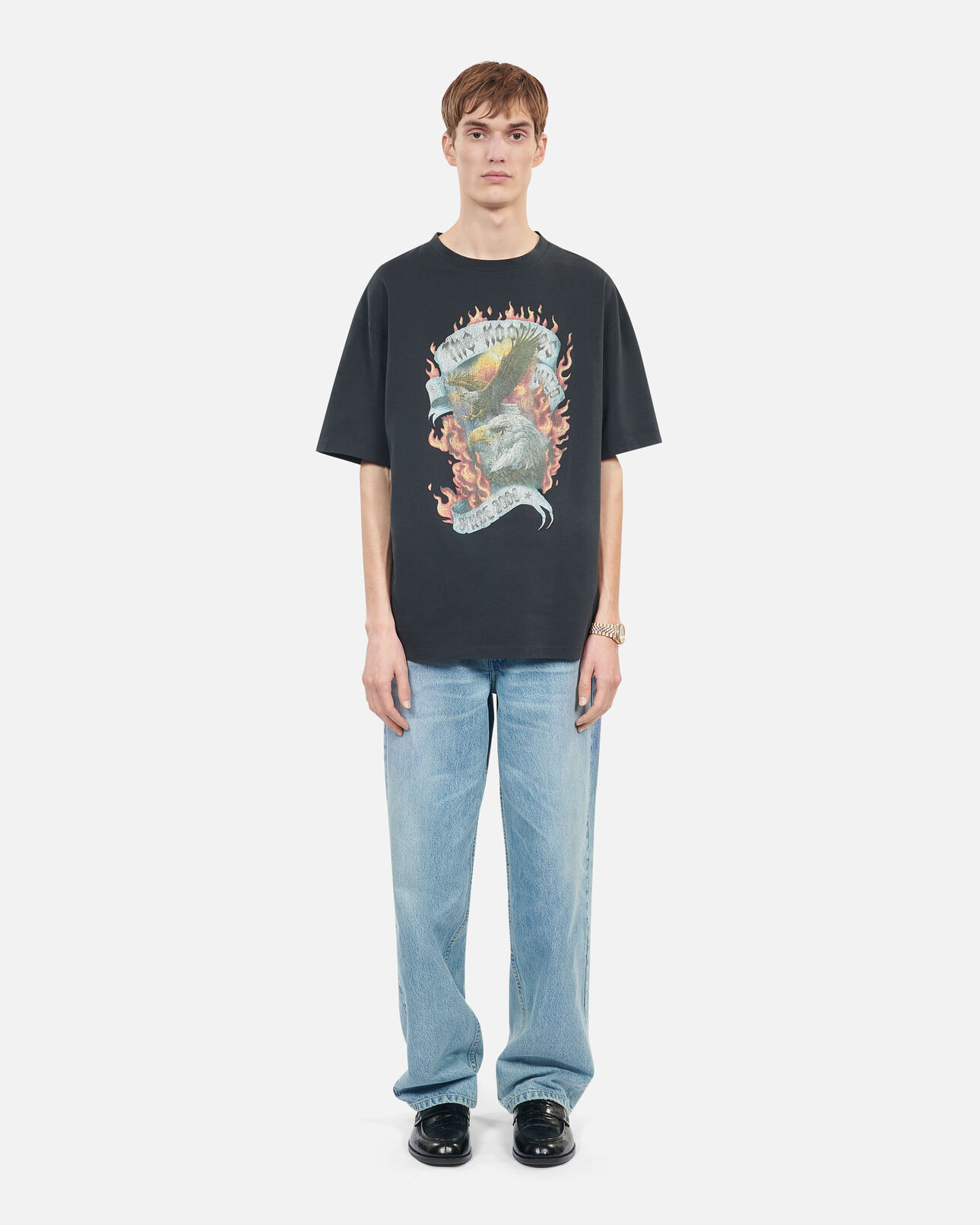 The Kooples MEN BLACK WASHED black eagles on fire black serigraphy t-shirt