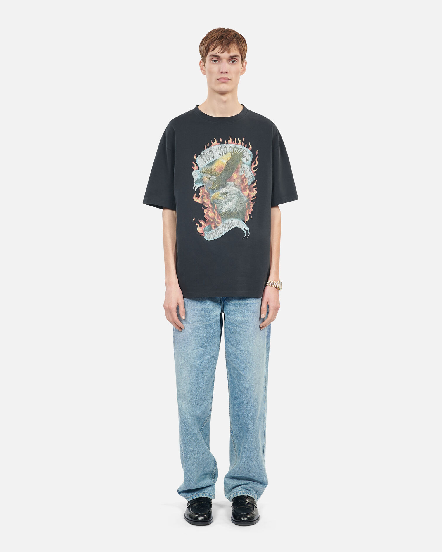 Black Eagles on fire black serigraphy t-shirt, BLACK WASHED, hi-res image number null