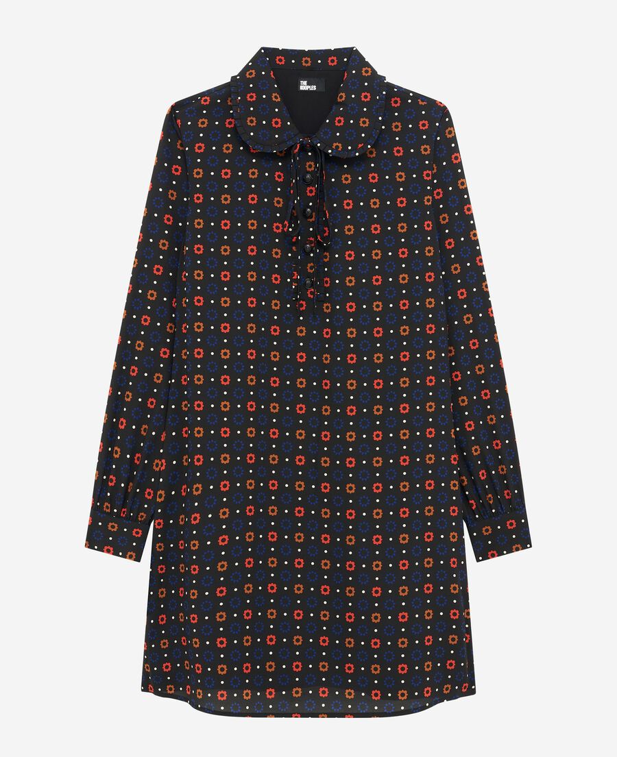 The Kooples FEMME BLACK MELANGE robe courte imprimée pois et fleurs en soie mélangée noire