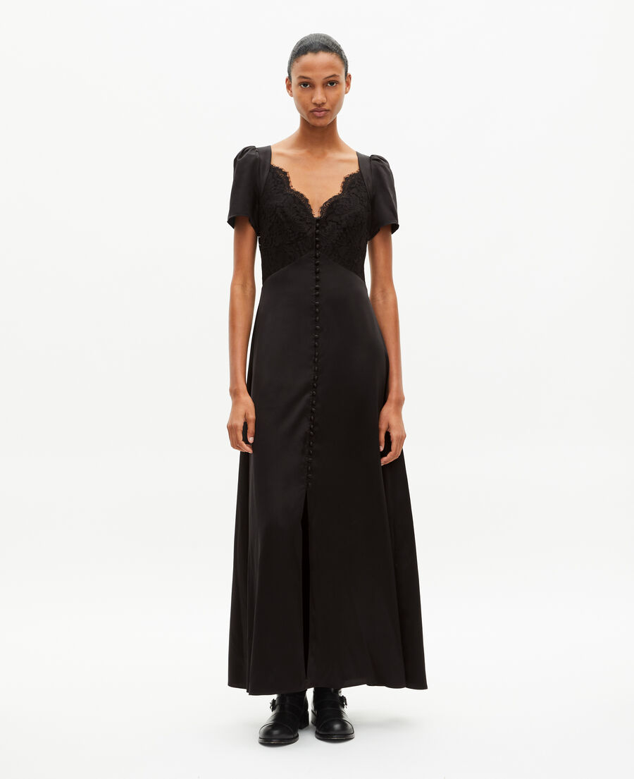 The Kooples DAMEN BLACK langes kleid aus seide mit schwarzer spitze