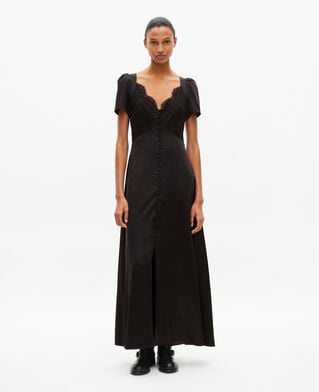 The Kooples DAMEN BLACK langes kleid aus seide mit schwarzer spitze