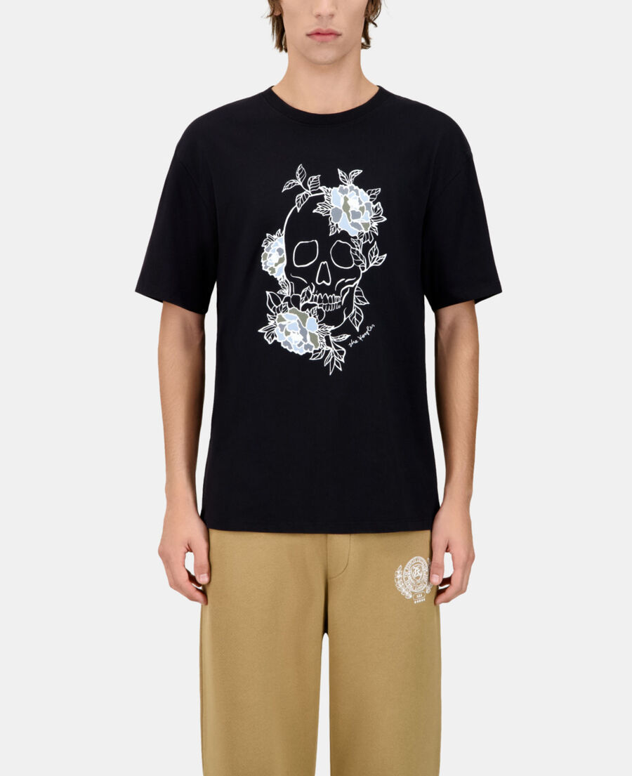 The Kooples H BLACK WASHED men's black t-shirt with flower skull serigraphy
