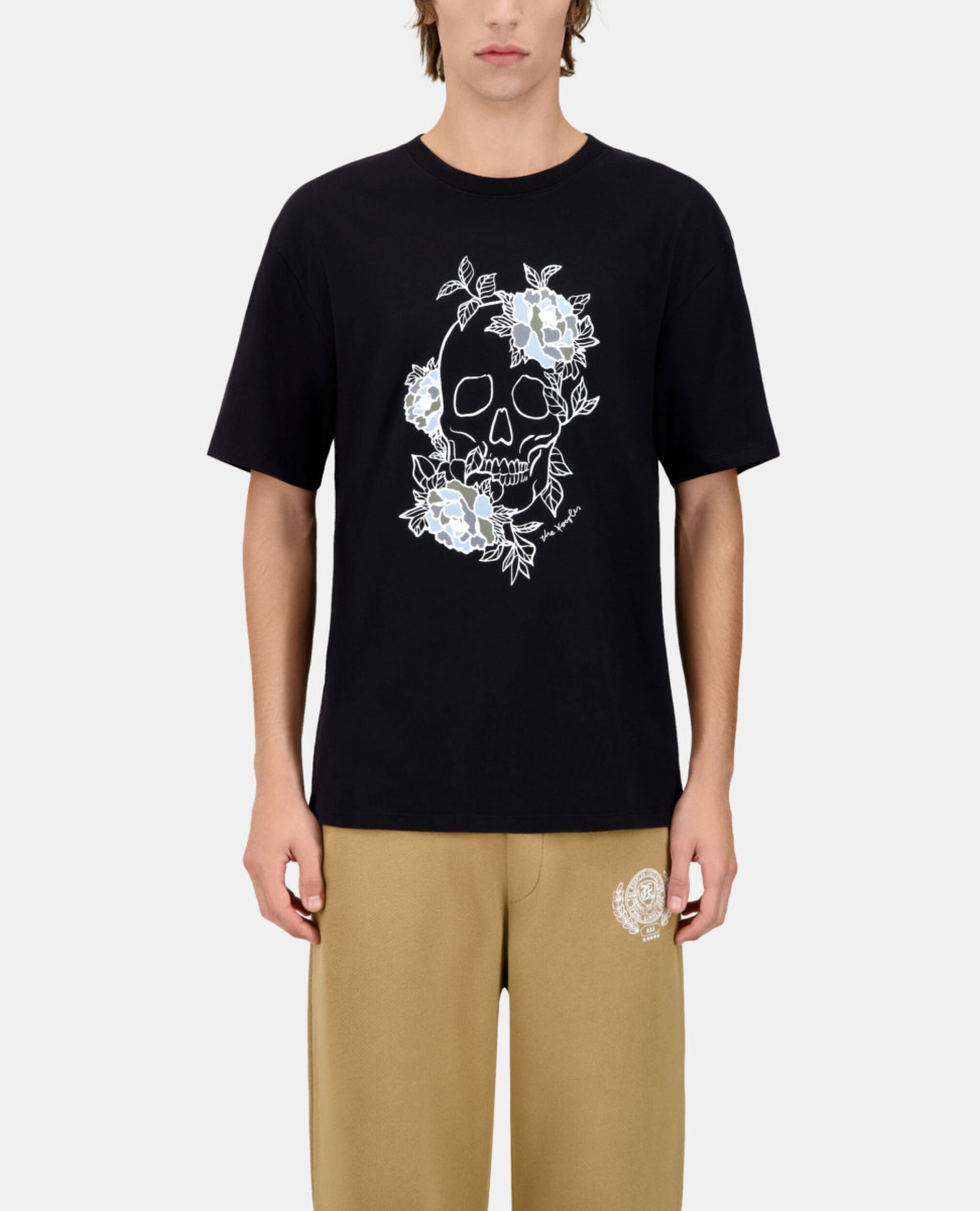 Men's black t-shirt with Flower skull serigraphy, BLACK WASHED, hi-res image number null