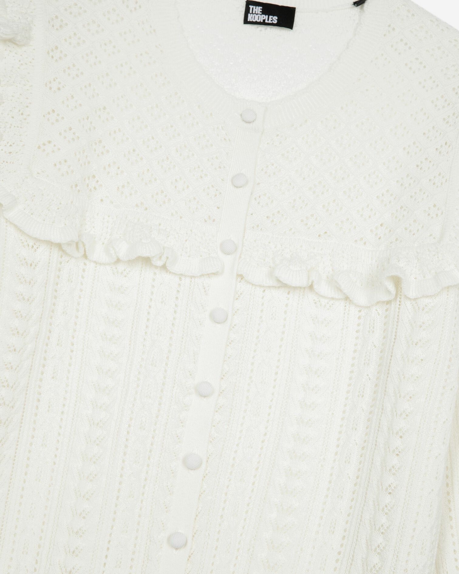 Cardigan with ruffles in ecru merino wool, ECRU, hi-res image number null