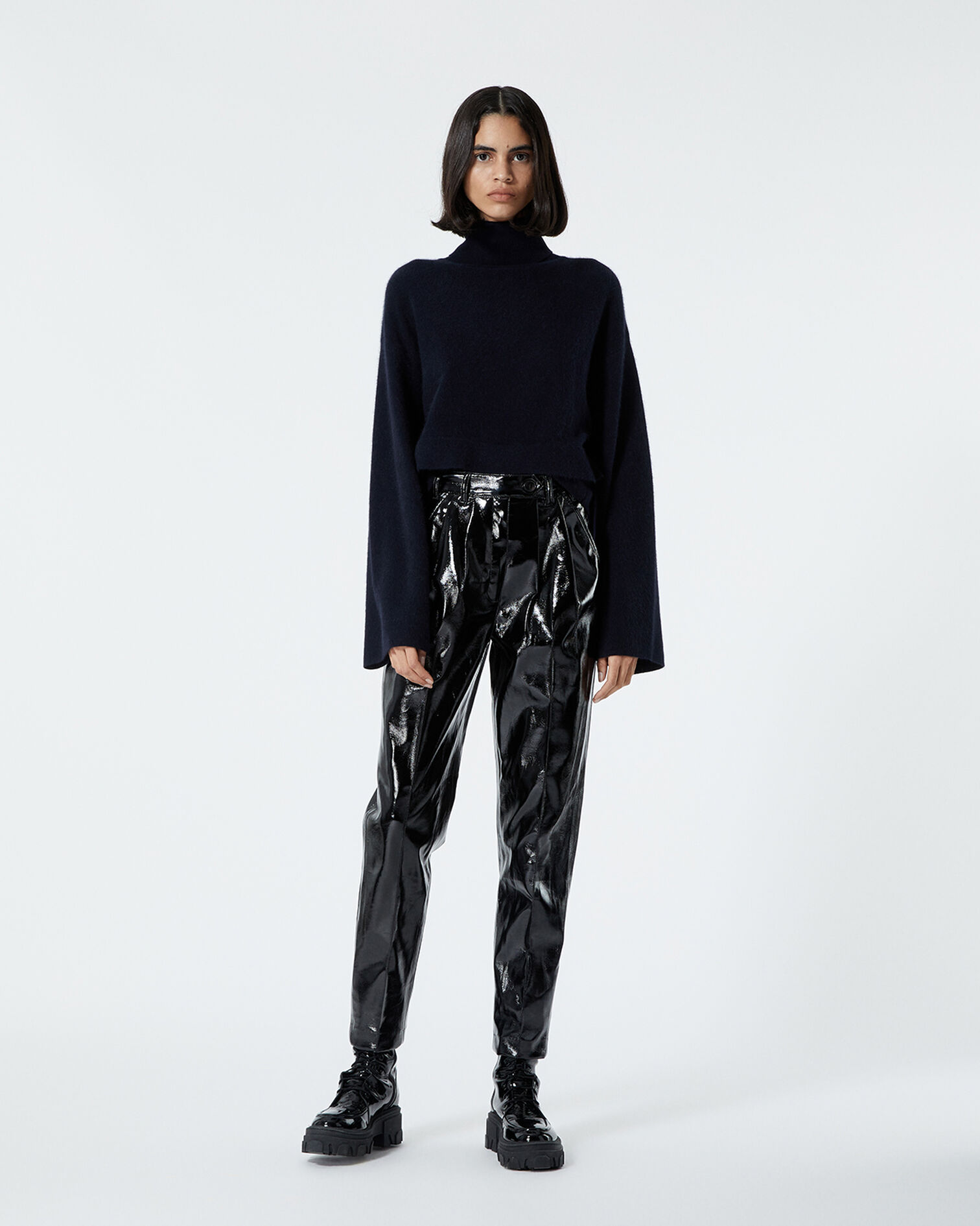 Pantalon droit noir effet vinyle, BLACK, hi-res image number null