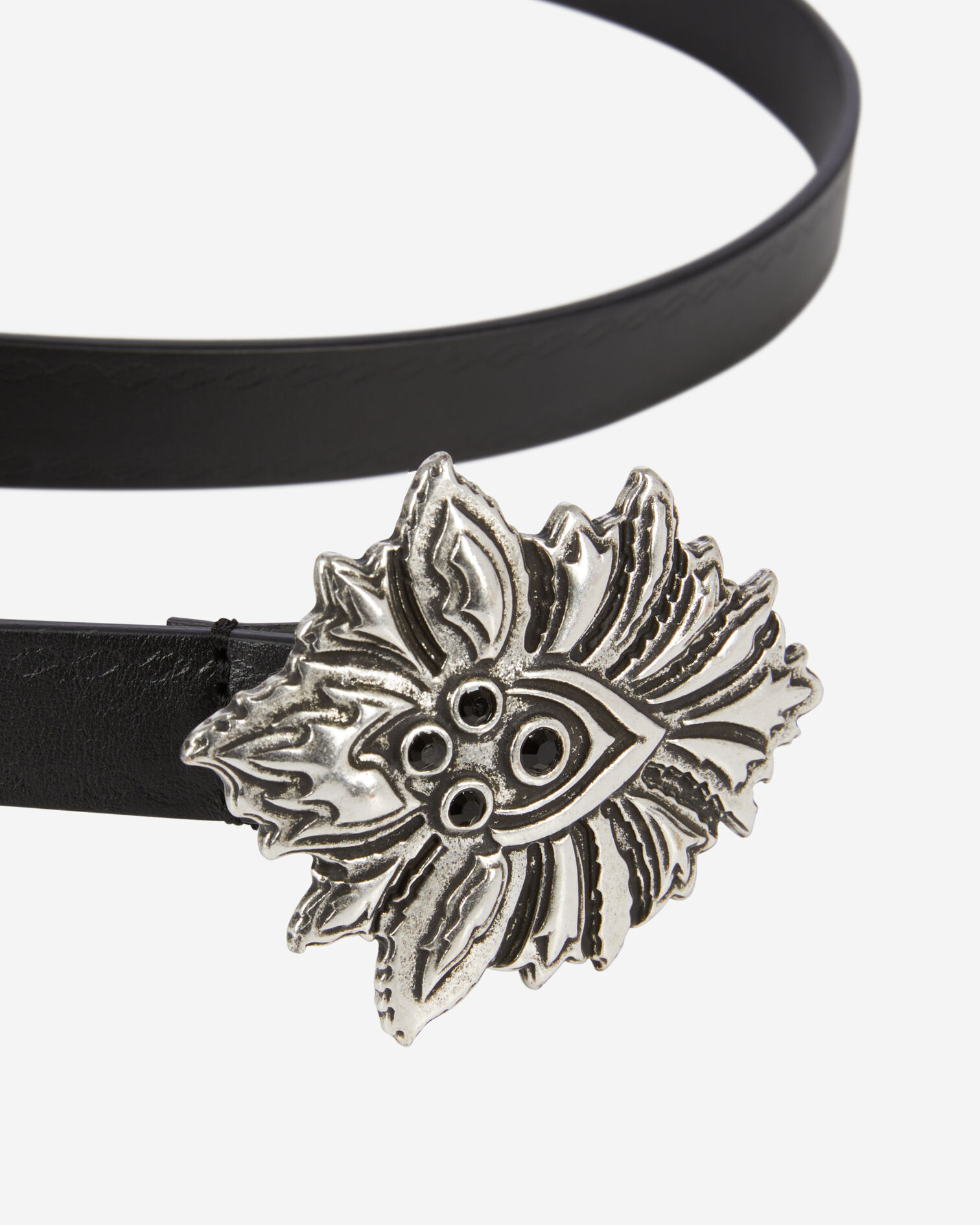Ceinture fine en cuir noir avec boucle fleur, BLACK, hi-res image number null