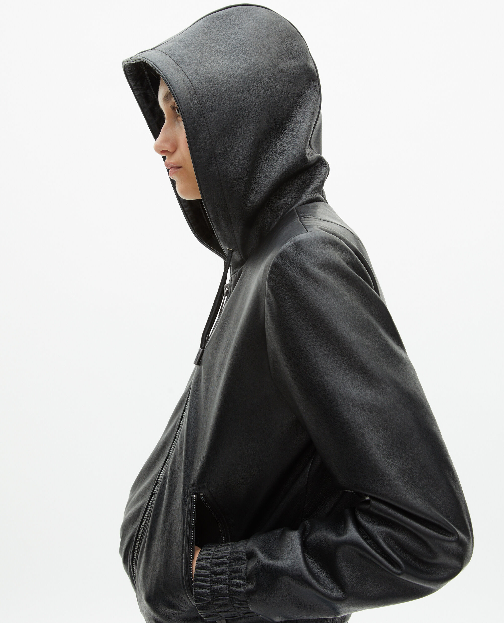 Black leather hooded jacket, BLACK, hi-res image number null