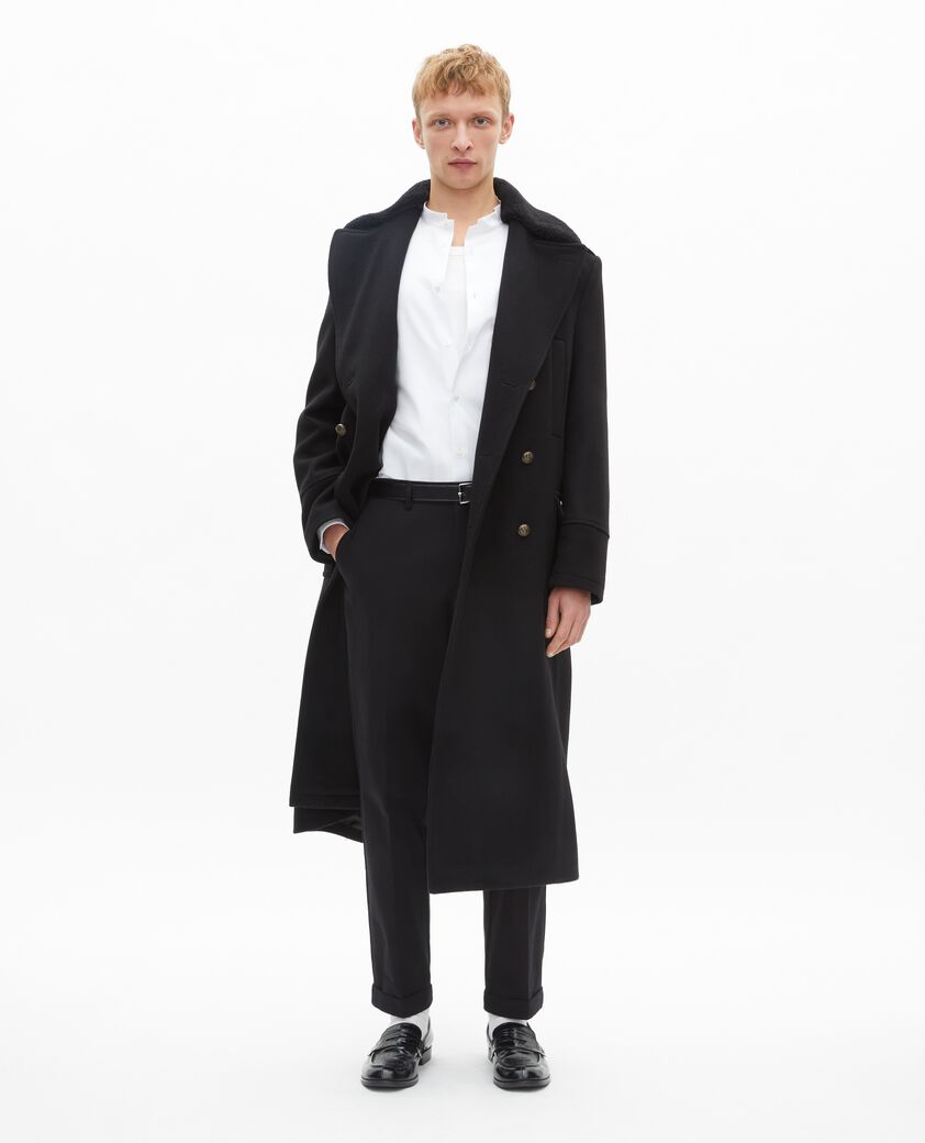 The Kooples MEN BLACK long black wool coat with sherpa collar