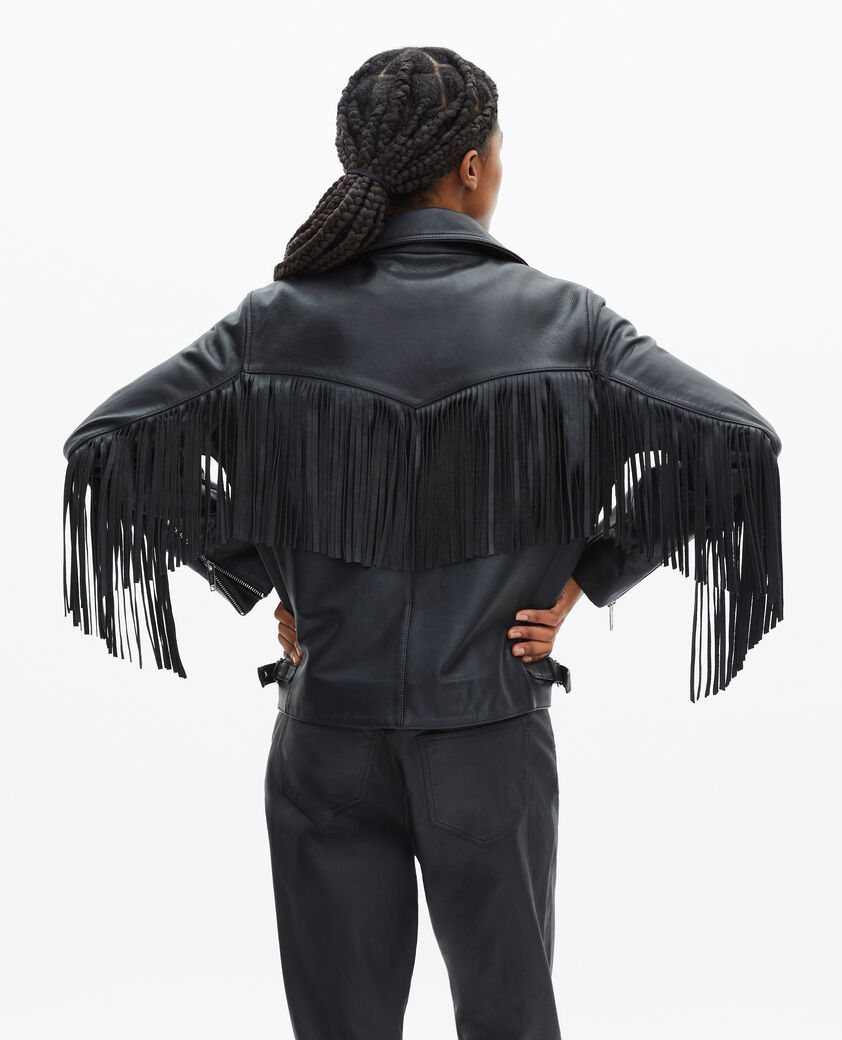 The Kooples WOMEN BLACK black fringed leather jacket