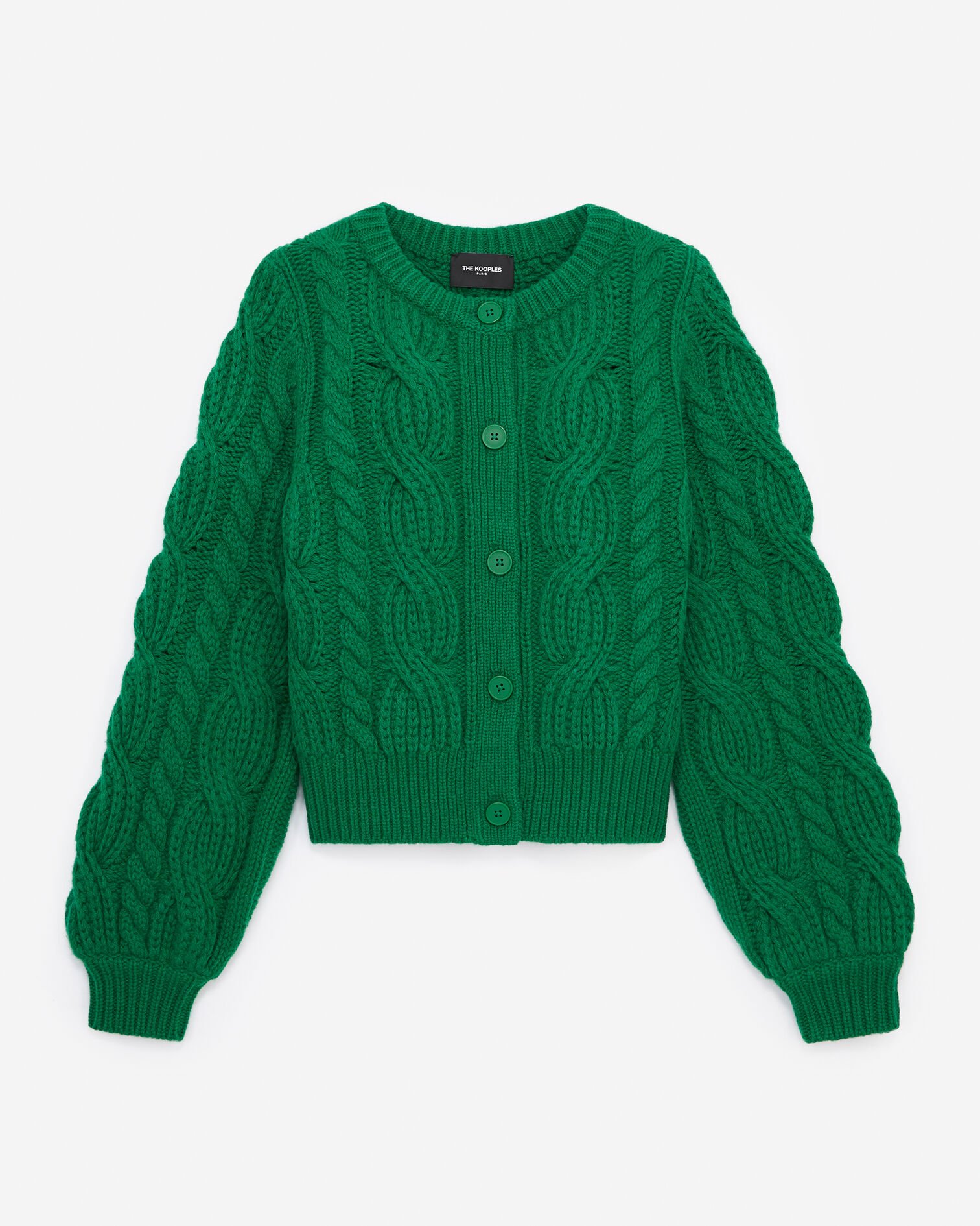 Cable knit green wool cardigan, GREEN, hi-res image number null
