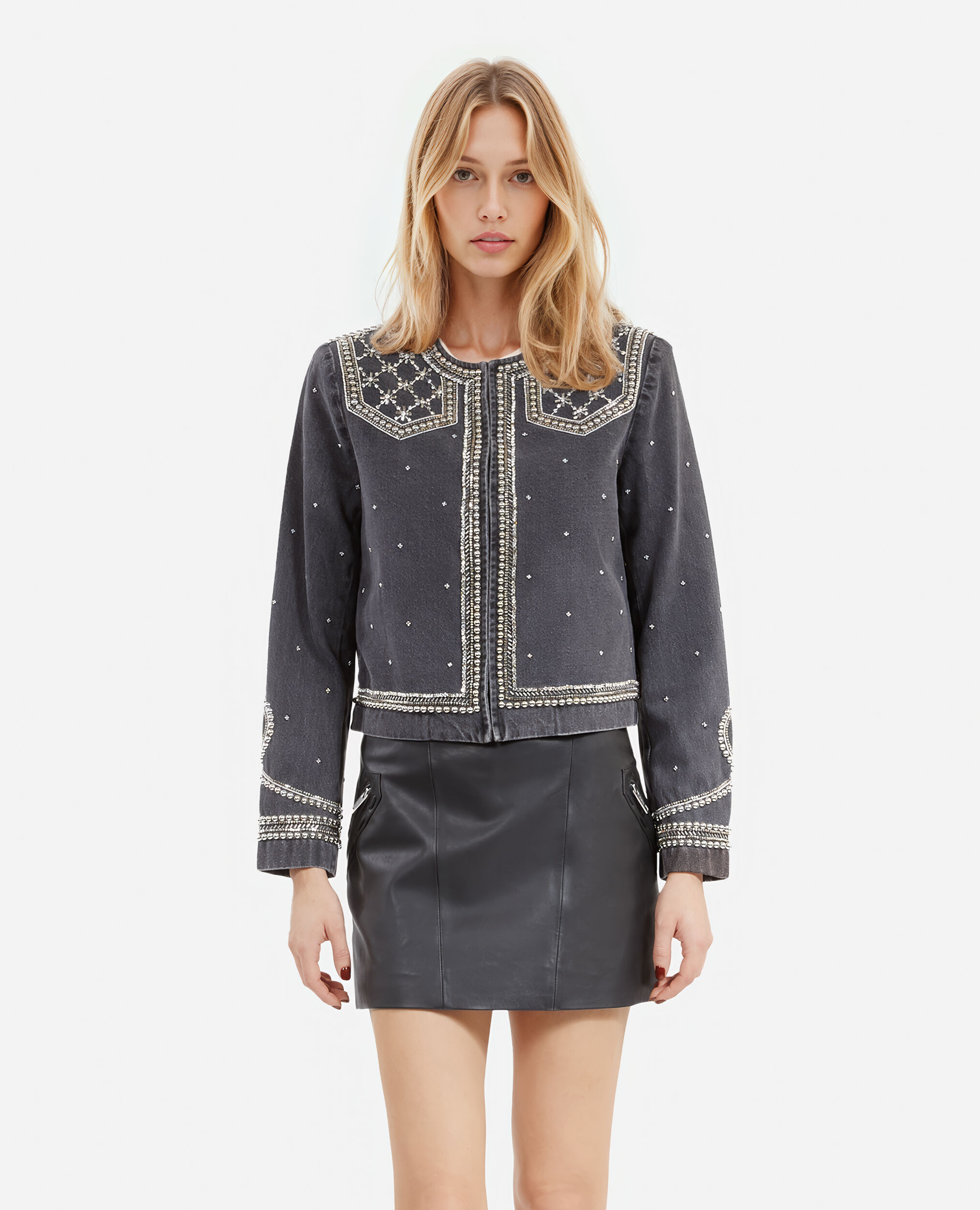 Jeansjacke mit grauen Nieten und Perlen, BLACK WASHED, hi-res image number null