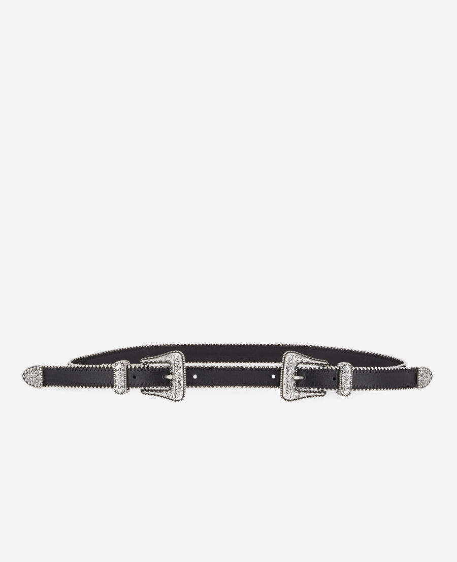black leather belt with double western rhinestone buckle