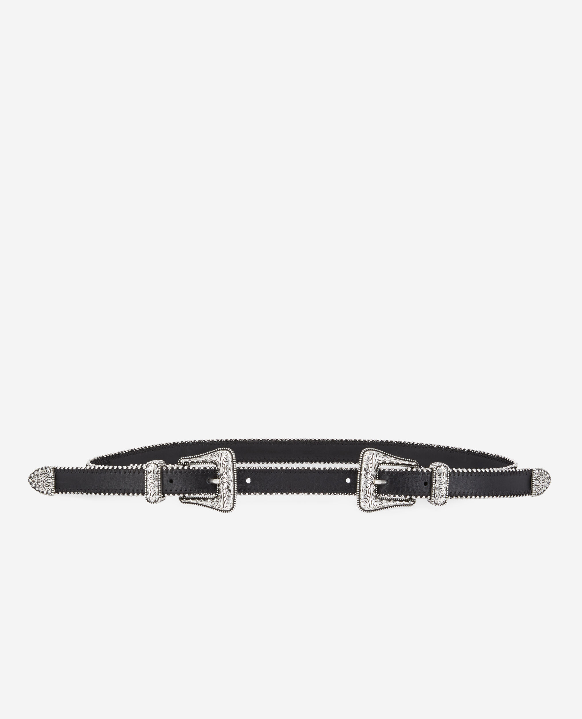 Black leather belt with double Western rhinestone buckle, BLACK, hi-res image number null