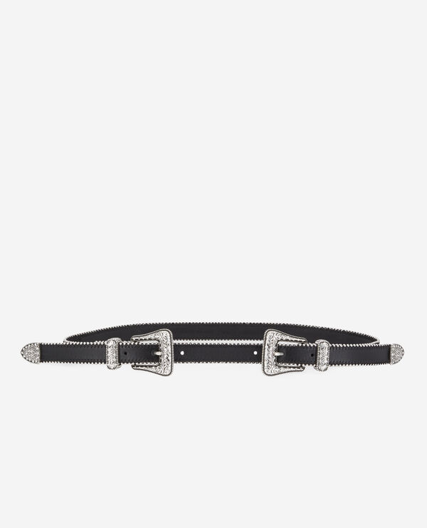 black leather belt with double western rhinestone buckle