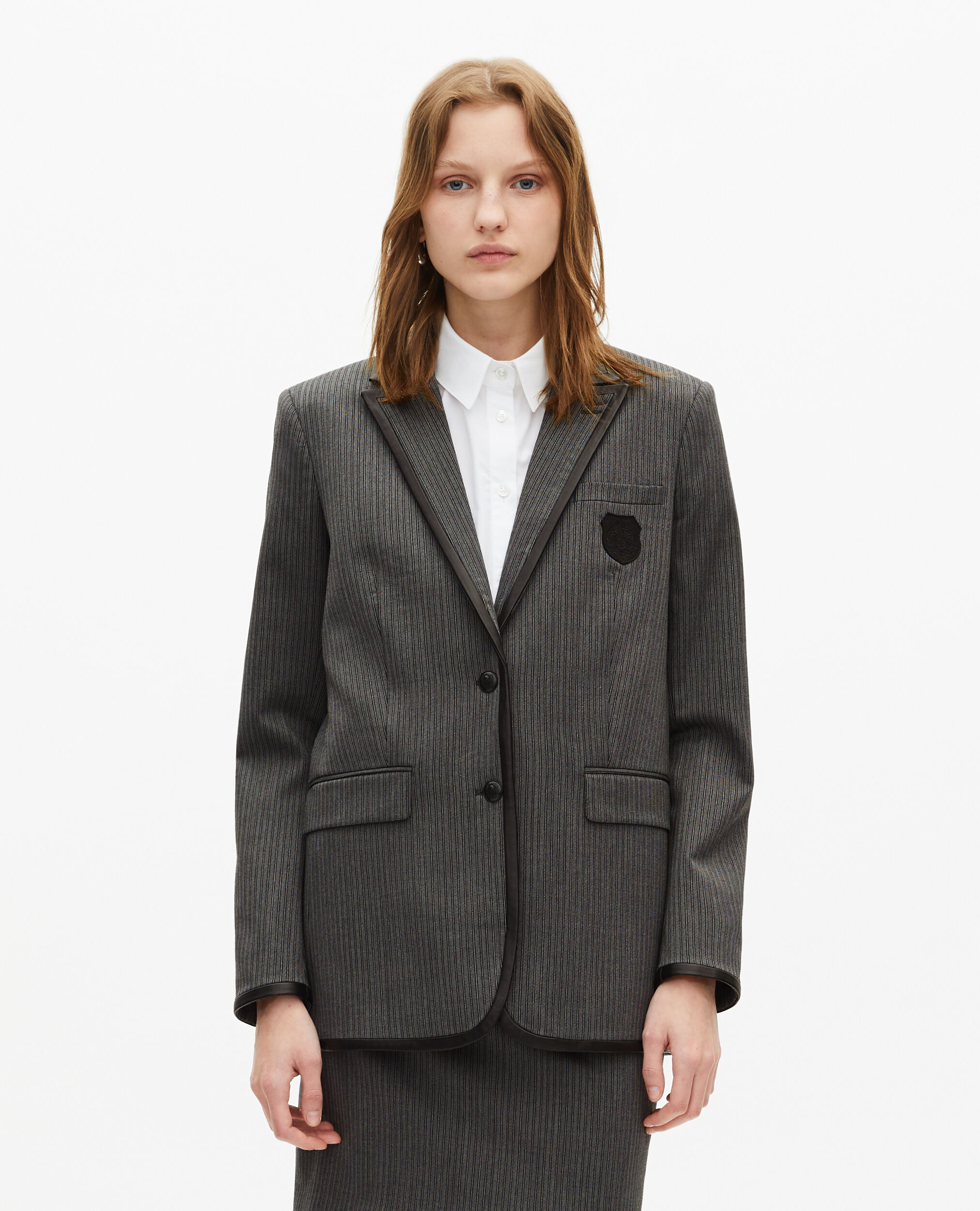 Grey wool-blend striped jacket, DARK GREY, hi-res image number null