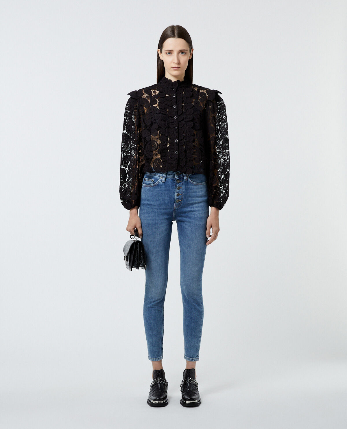 High neck shop black lace blouse