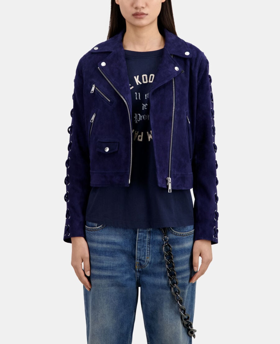 The Kooples FEMME DARK BLUE blouson biker en cuir suède bleu marine