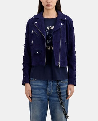 The Kooples FEMME DARK BLUE blouson biker en cuir suède bleu marine