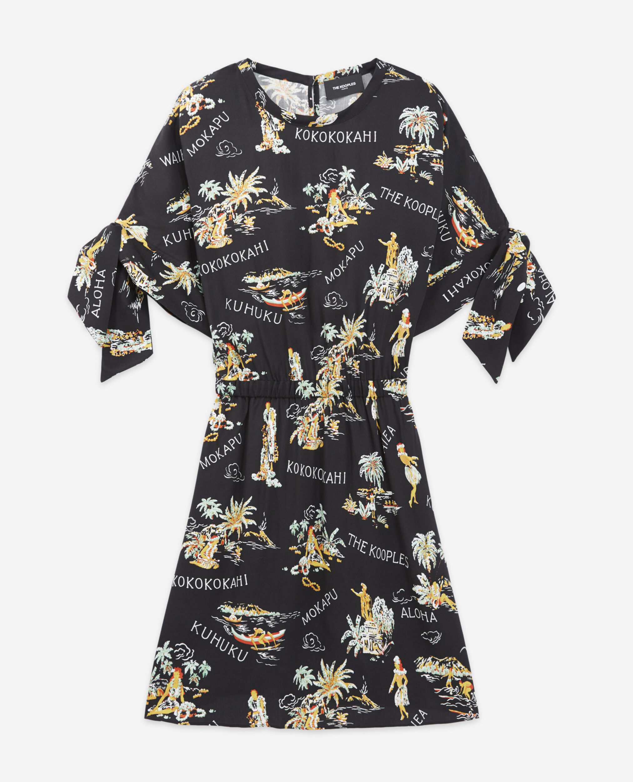 Schwarzes Kurzarm-Kleid mit Hawaii-Motiv, BLACK, hi-res image number null