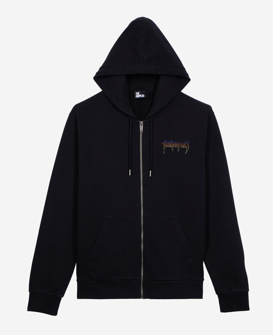 The Kooples HOMME BLACK WASHED sweatshirt à capuche et sérigraphie zippé noir