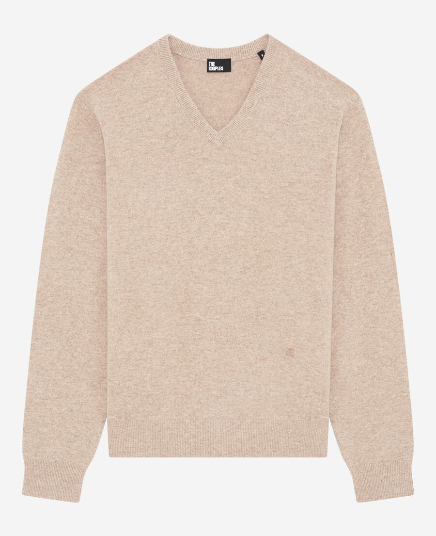 The Kooples HOMME BEIGE MELANGE pull col v en cachemire beige