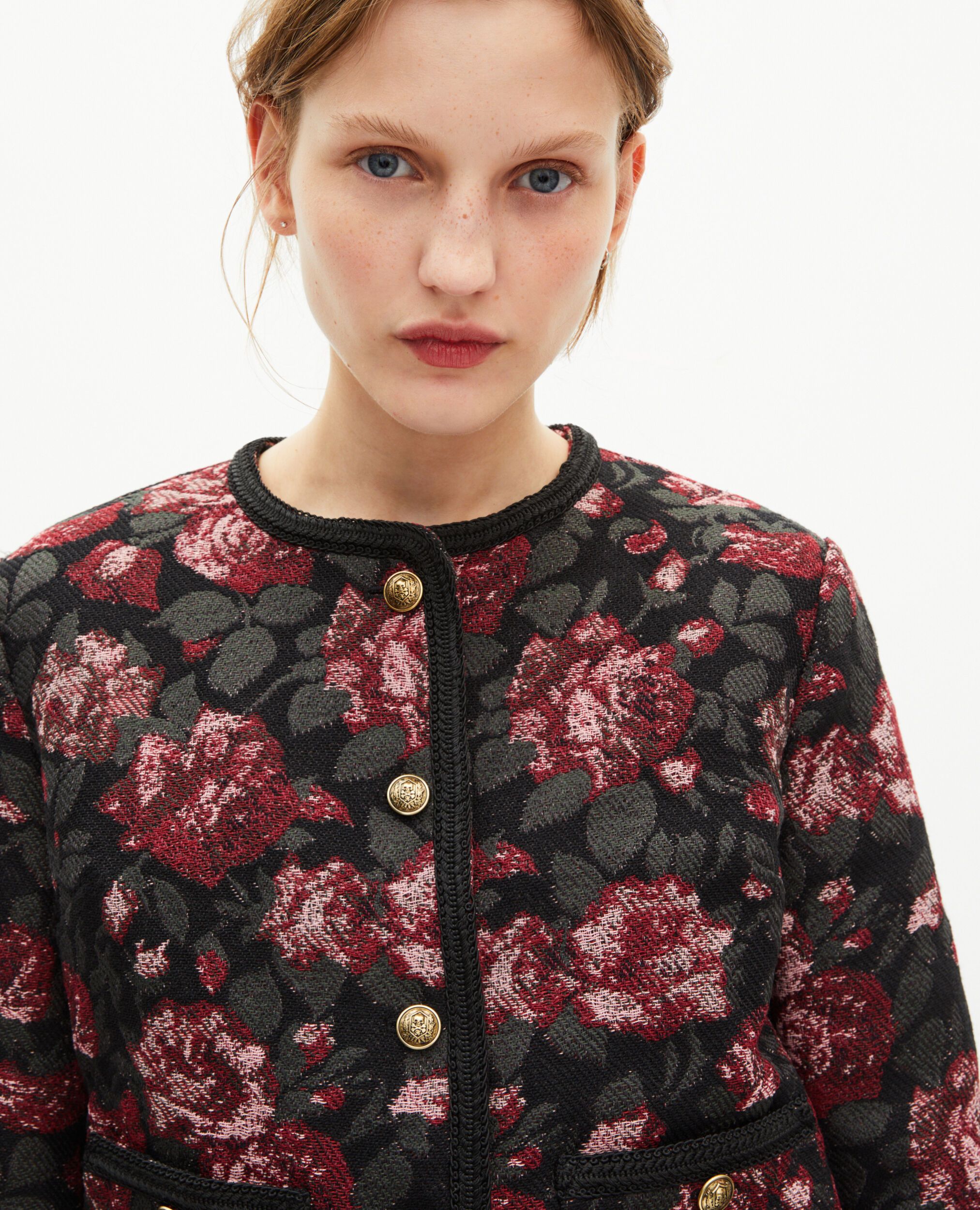 Blouson en jacquard roses bordeaux, BLACK - RED, hi-res image number null