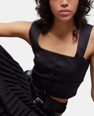 The Kooples F BLACK short black satin top with buttoning