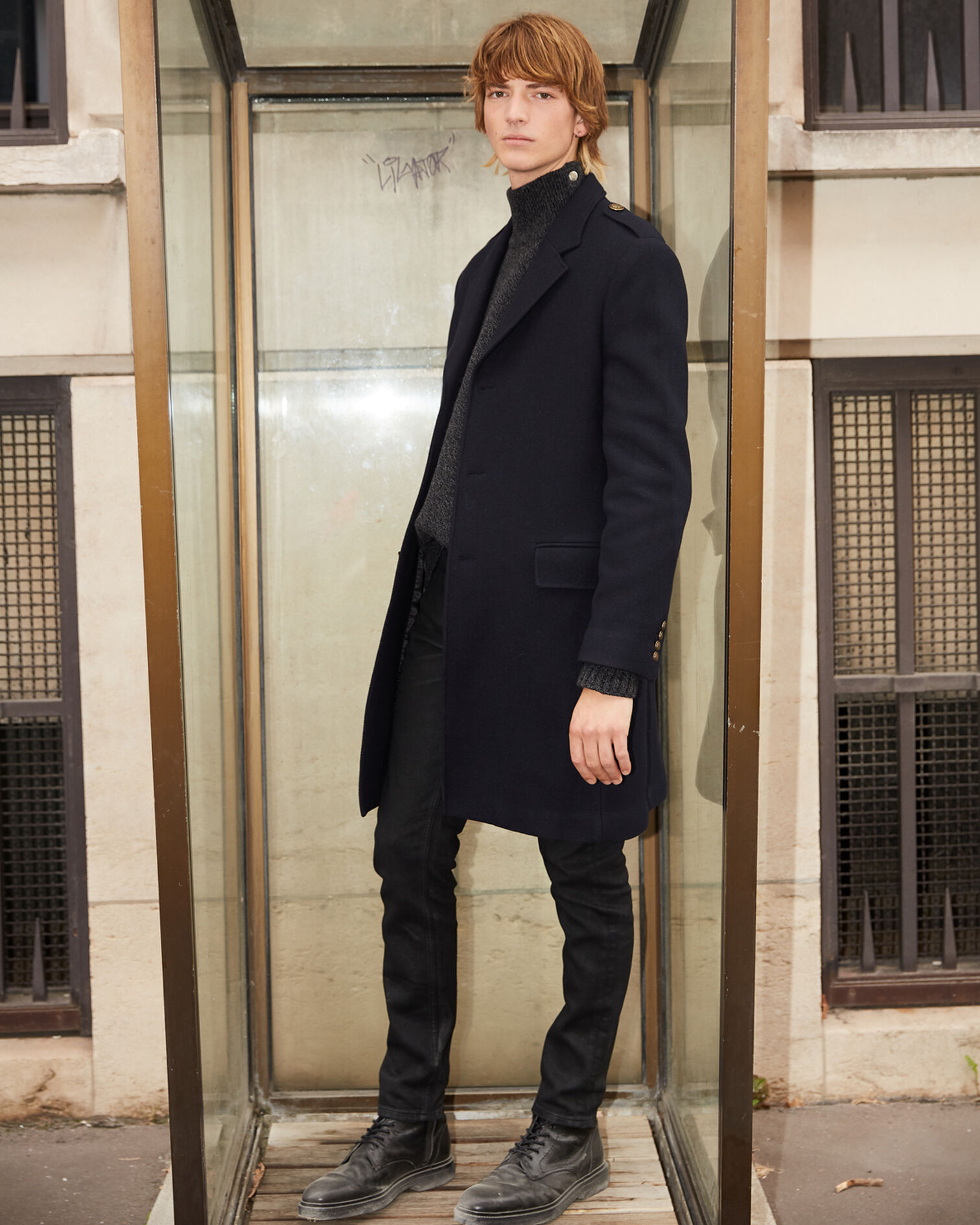 Straight fit wool coat with martingale belt, NAVY, hi-res image number null