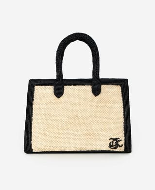 The Kooples F ECRU BLACK ecru raffia tote bag
