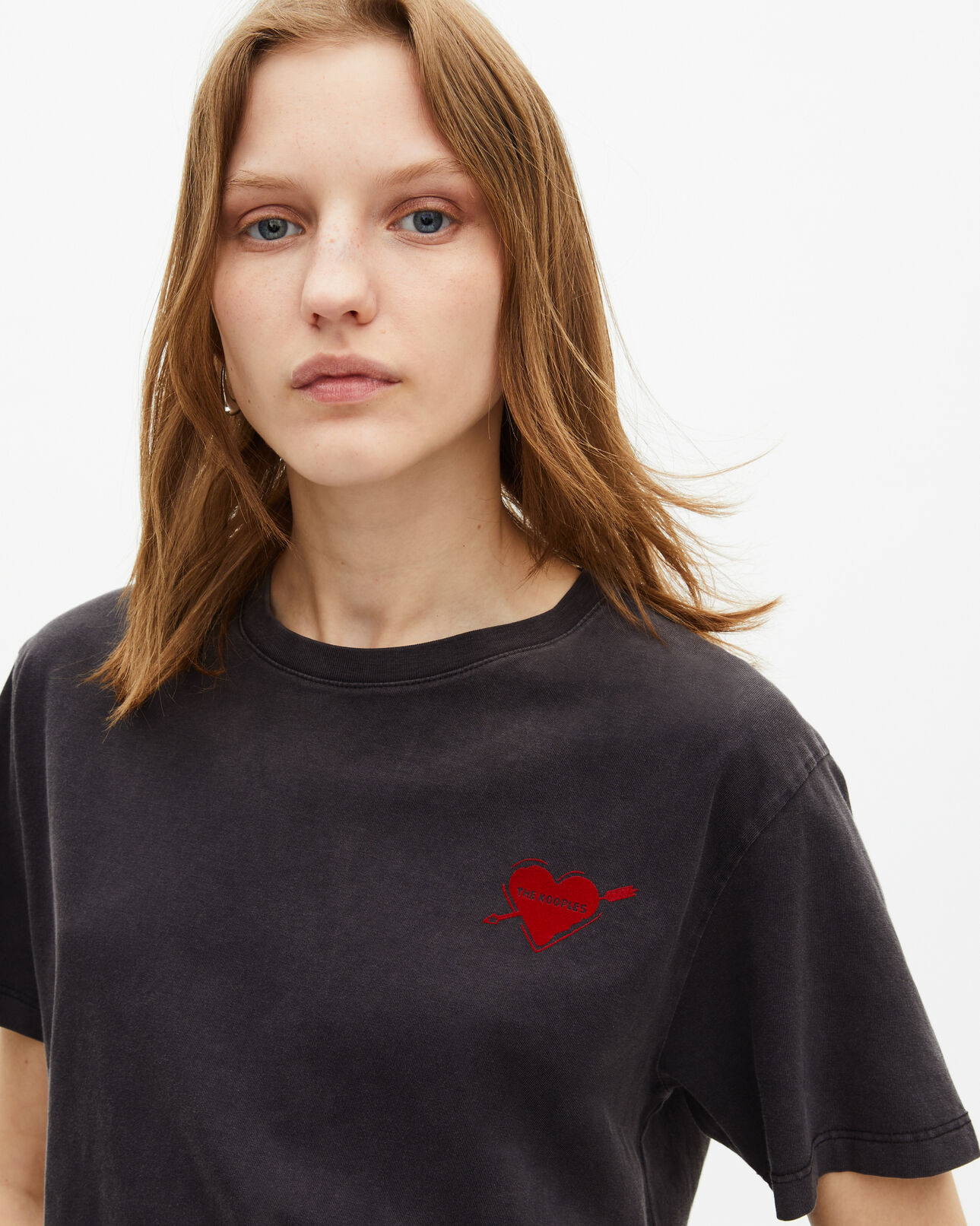 The Kooples WOMEN BLACK WASHED black t-shirt with heart flocking