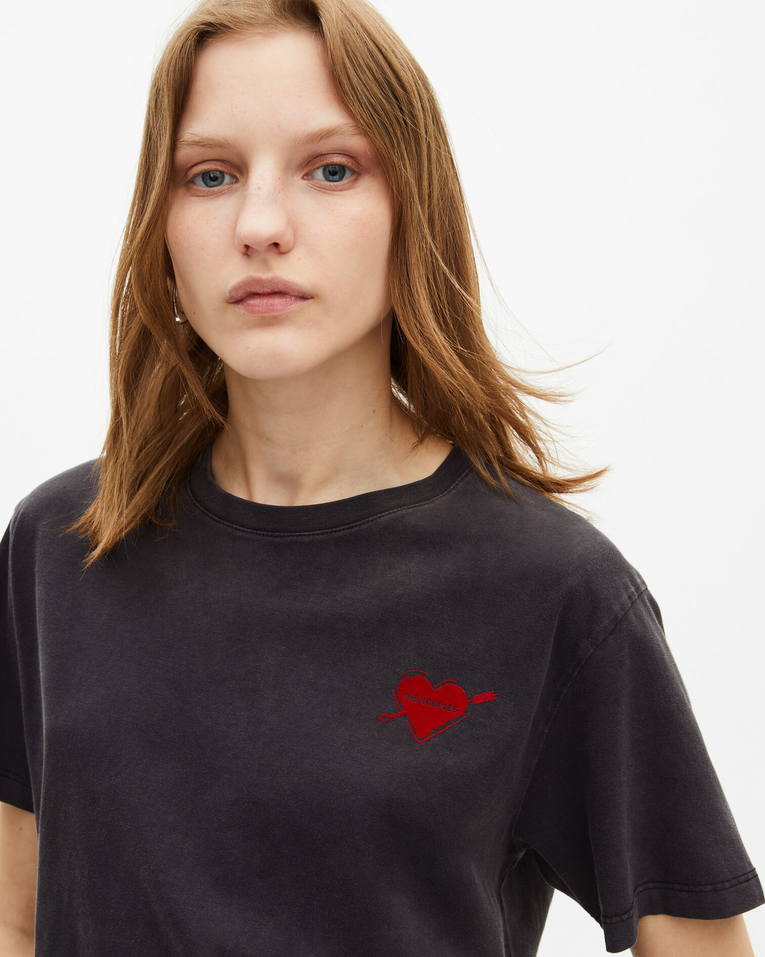 Black T-shirt with heart flocking, BLACK WASHED, hi-res image number null