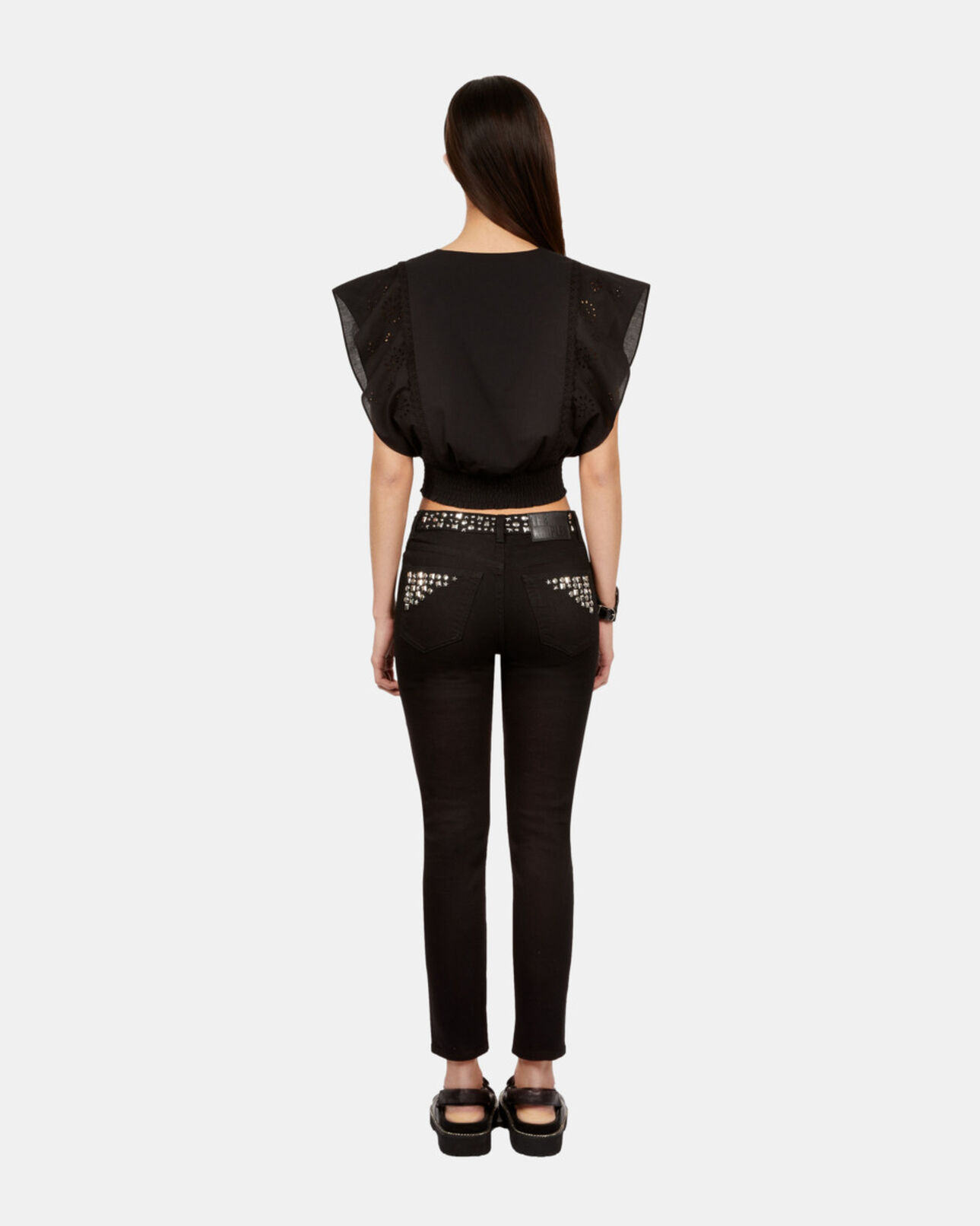 The Kooples FEMME BLACK WASHED jean slim noir avec clous et étoiles