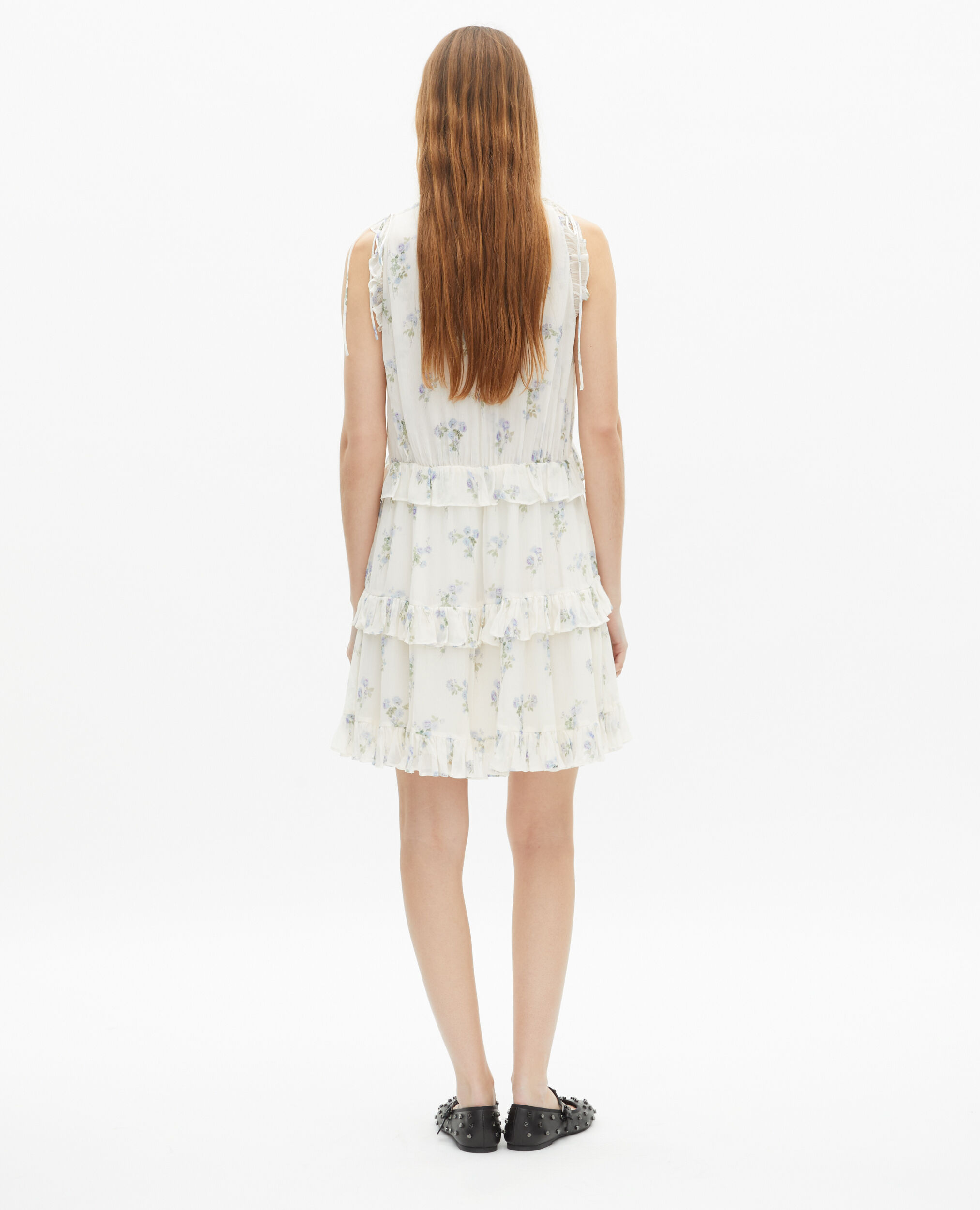 White floral print short dress with ruffles, WHITE / SKY BLUE, hi-res image number null