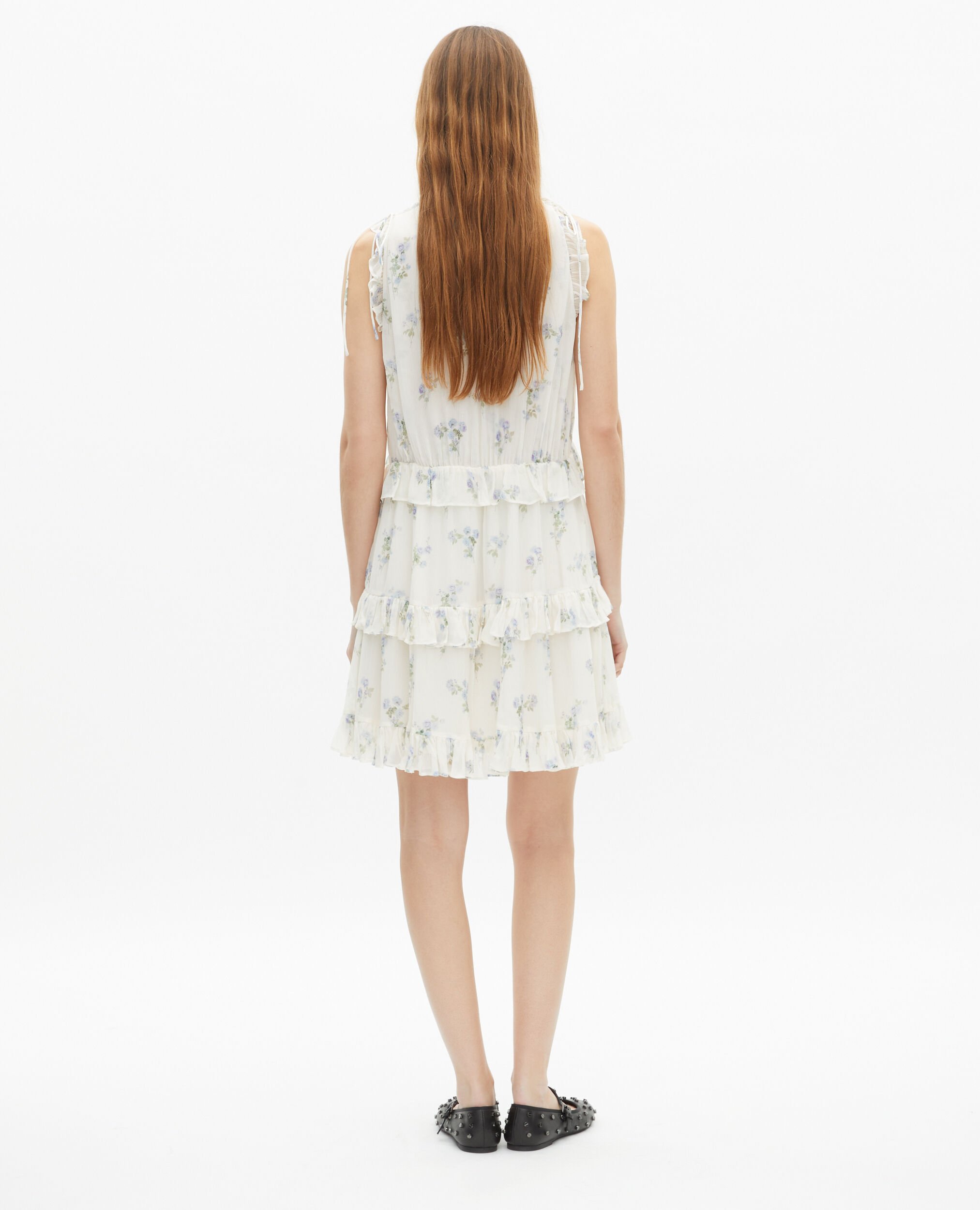 White floral print short dress with ruffles, WHITE / SKY BLUE, hi-res image number null