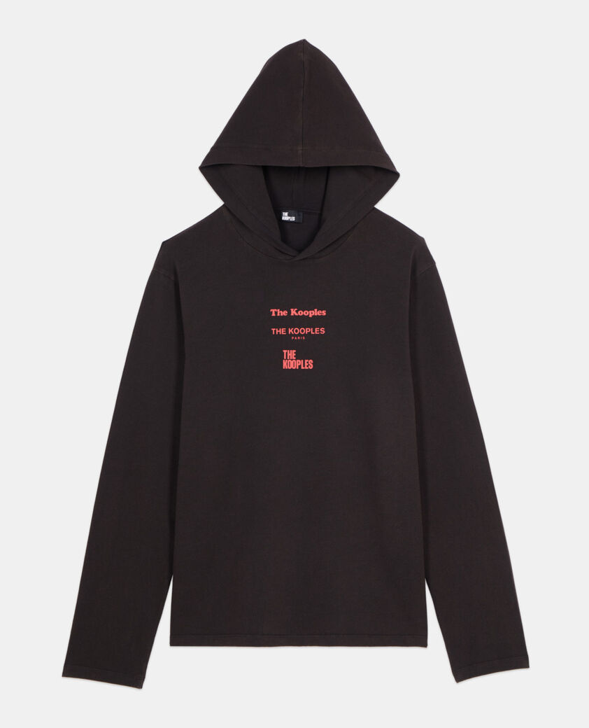 The Kooples HERREN BLACK WASHED schwarzes kapuzen-t-shirt mit langen &auml;rmeln