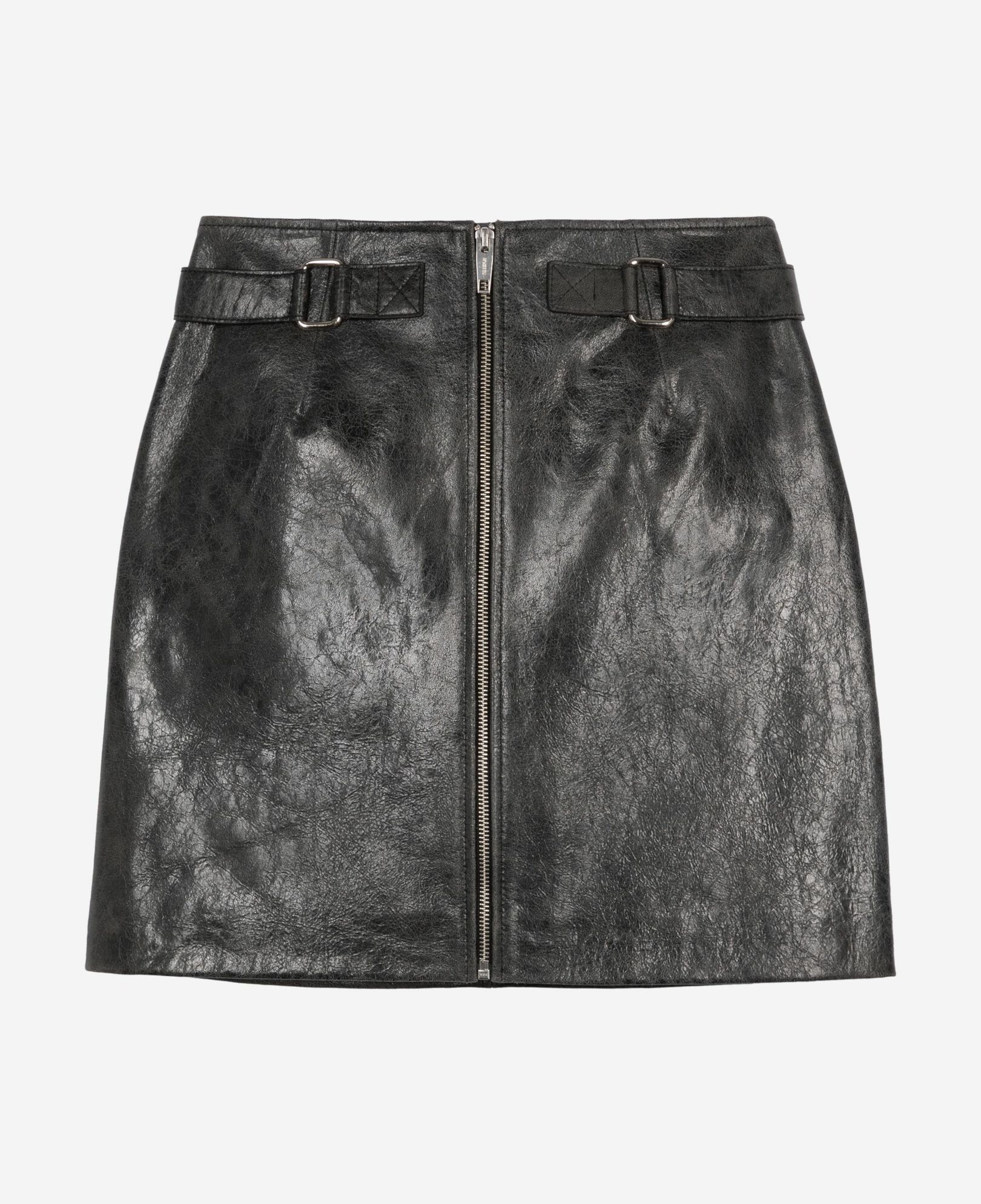 The Kooples WOMEN BLACK STONE short black leather skirt with zipper