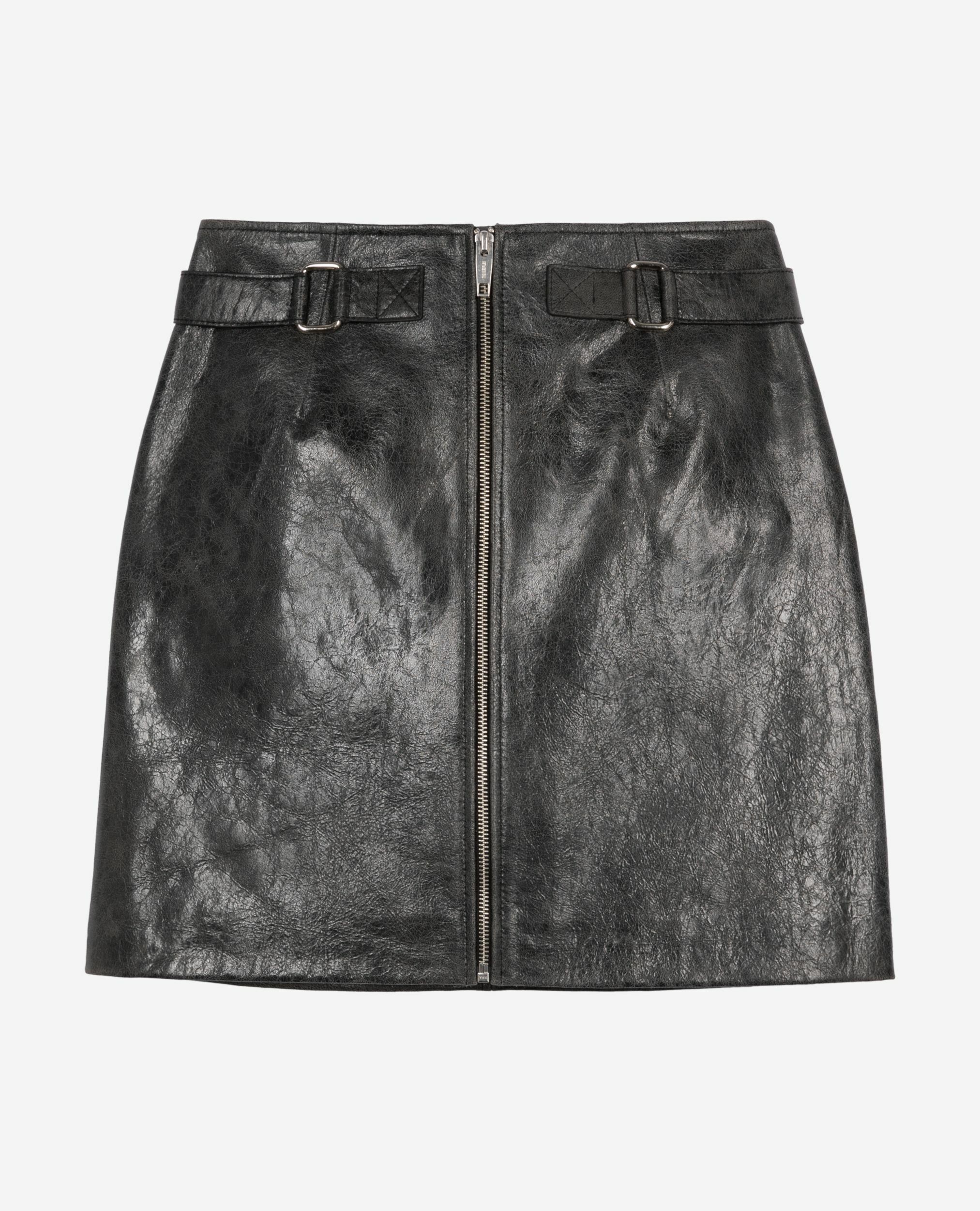 Short black leather skirt with zipper, BLACK STONE, hi-res image number null