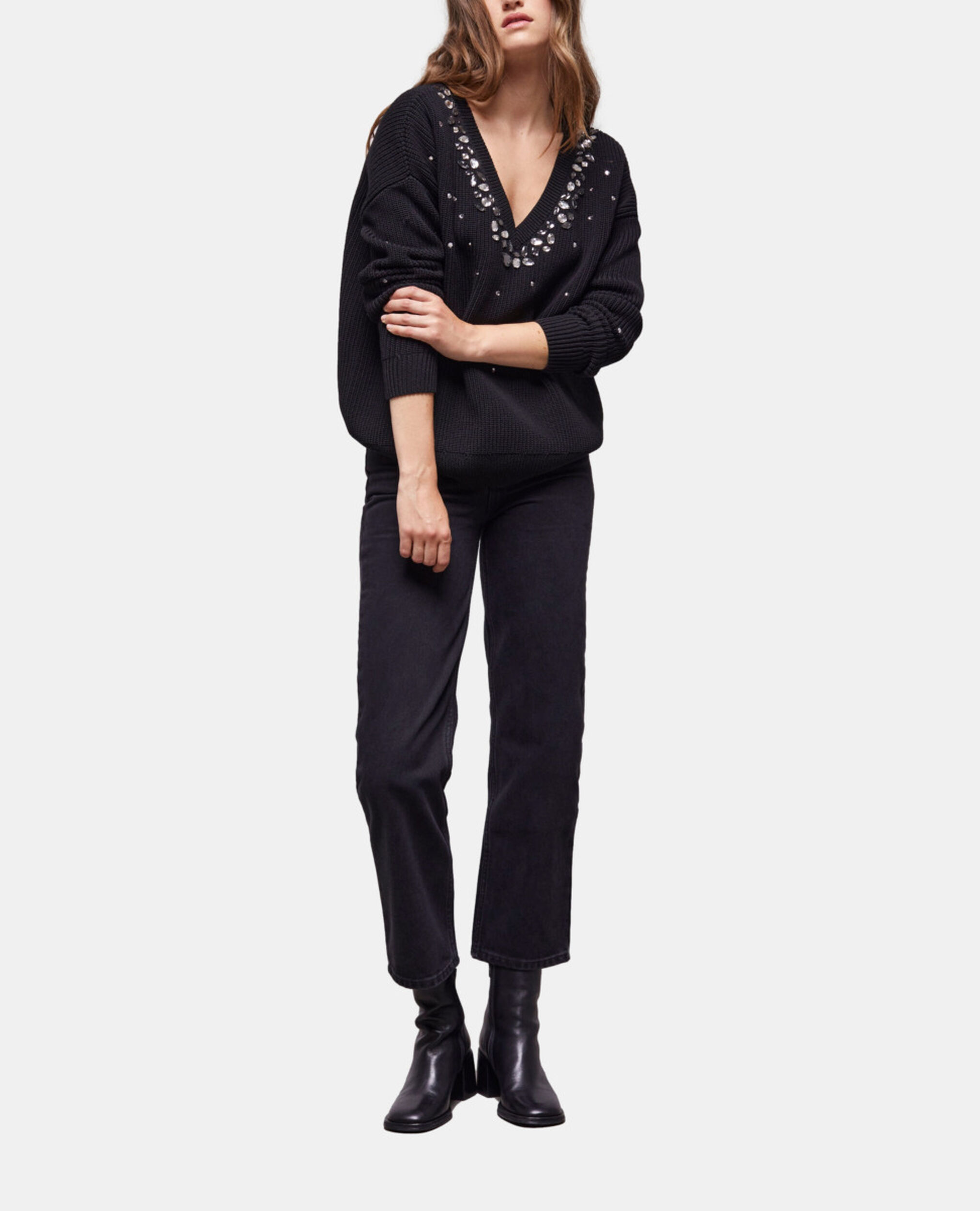 Pull en laine détails pierres noir, BLACK, hi-res image number null