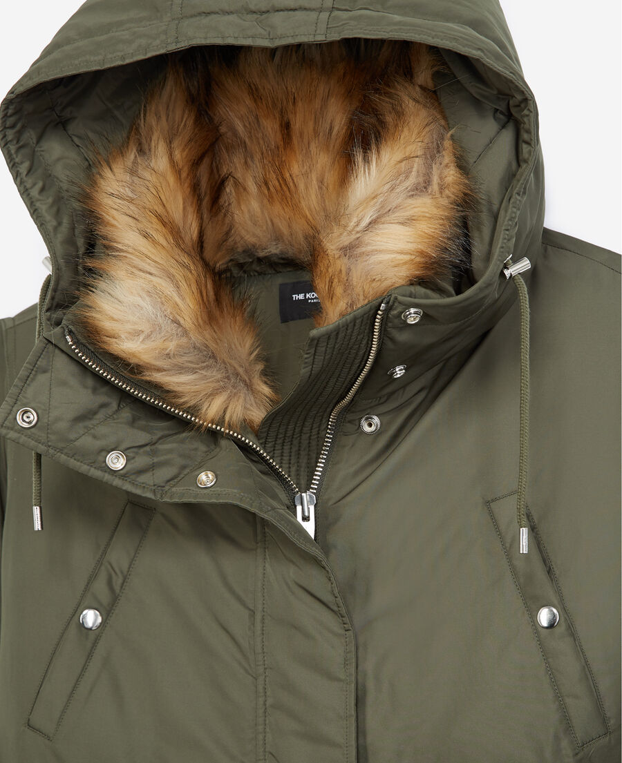 hooded parka with faux fur in green