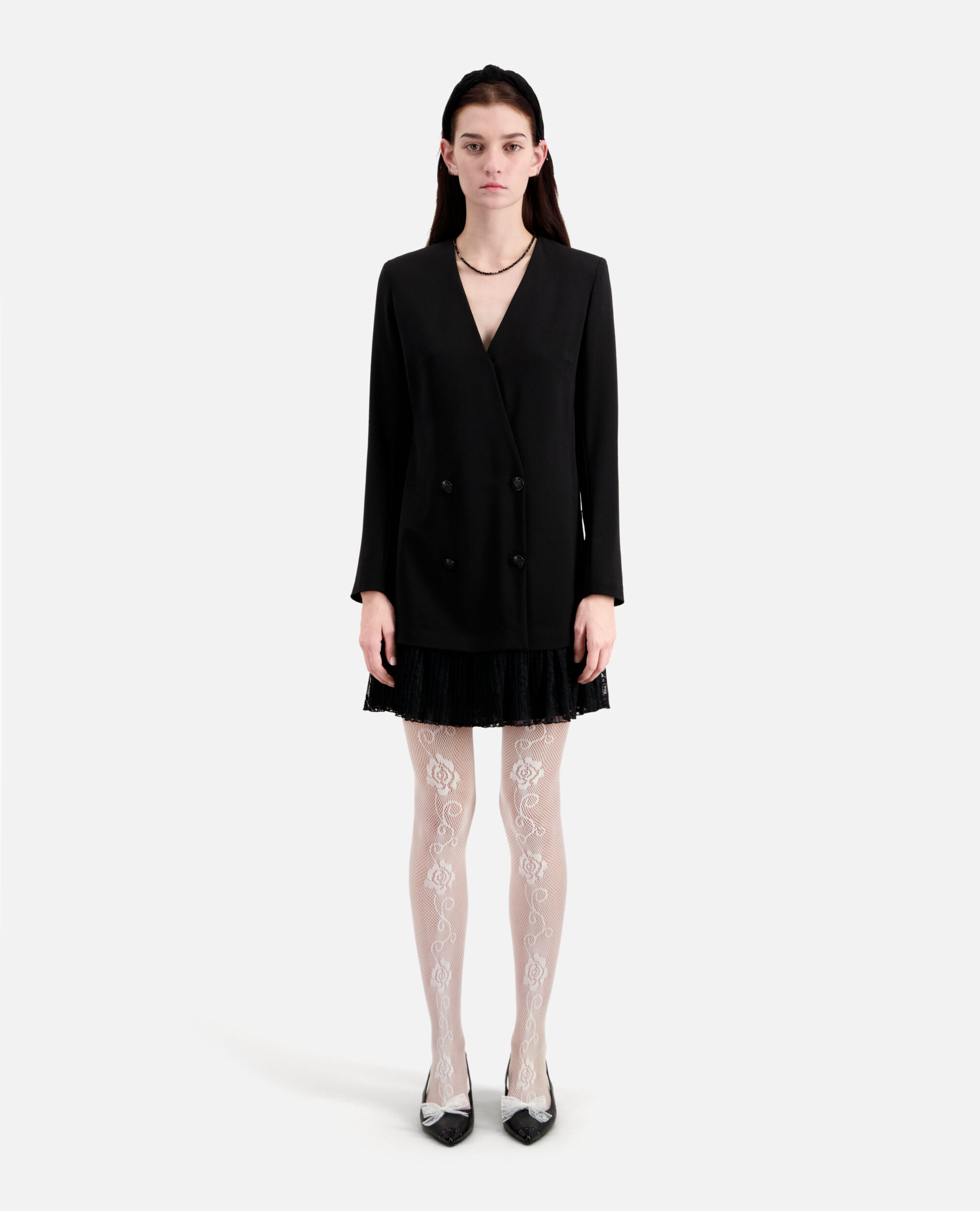 Short black crepe and lace dress, BLACK, hi-res image number null